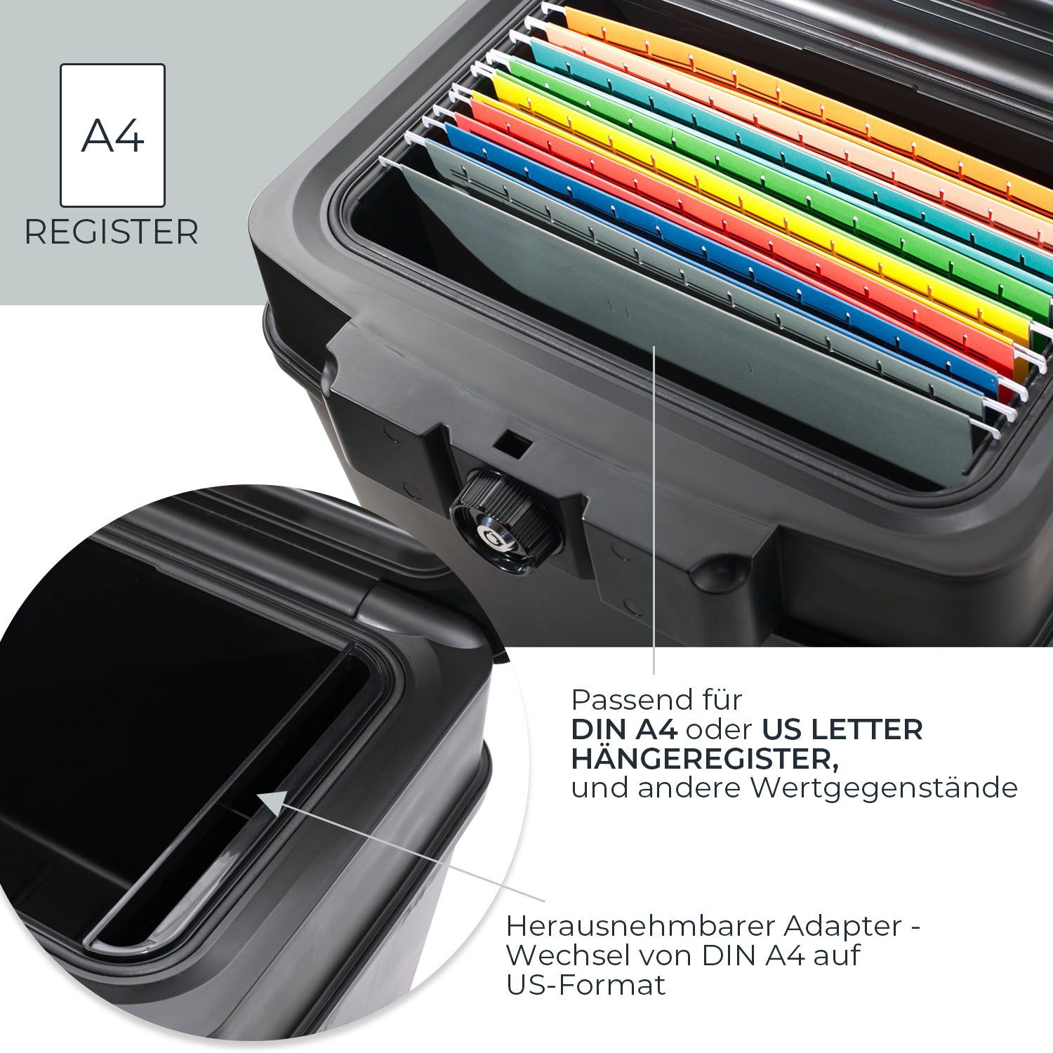 HMF Geldkassette Feuerfeste und wasserdichte Dokumentenkassette, Tresor, zum Schutz von Wertsachen, 44,5x34x37 cm, DIN A4 Register, schwarz – Bild 3 von 5