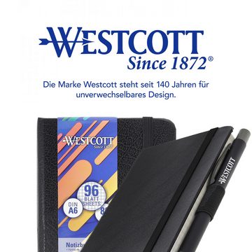 WESTCOTT Notizbuch DIN A6 kariert, 192 Seiten im Hardcover, 80 g/m² FSC Mix-Papier, mit Innentasche, Lesezeichen, Gummizug und Stifthalter