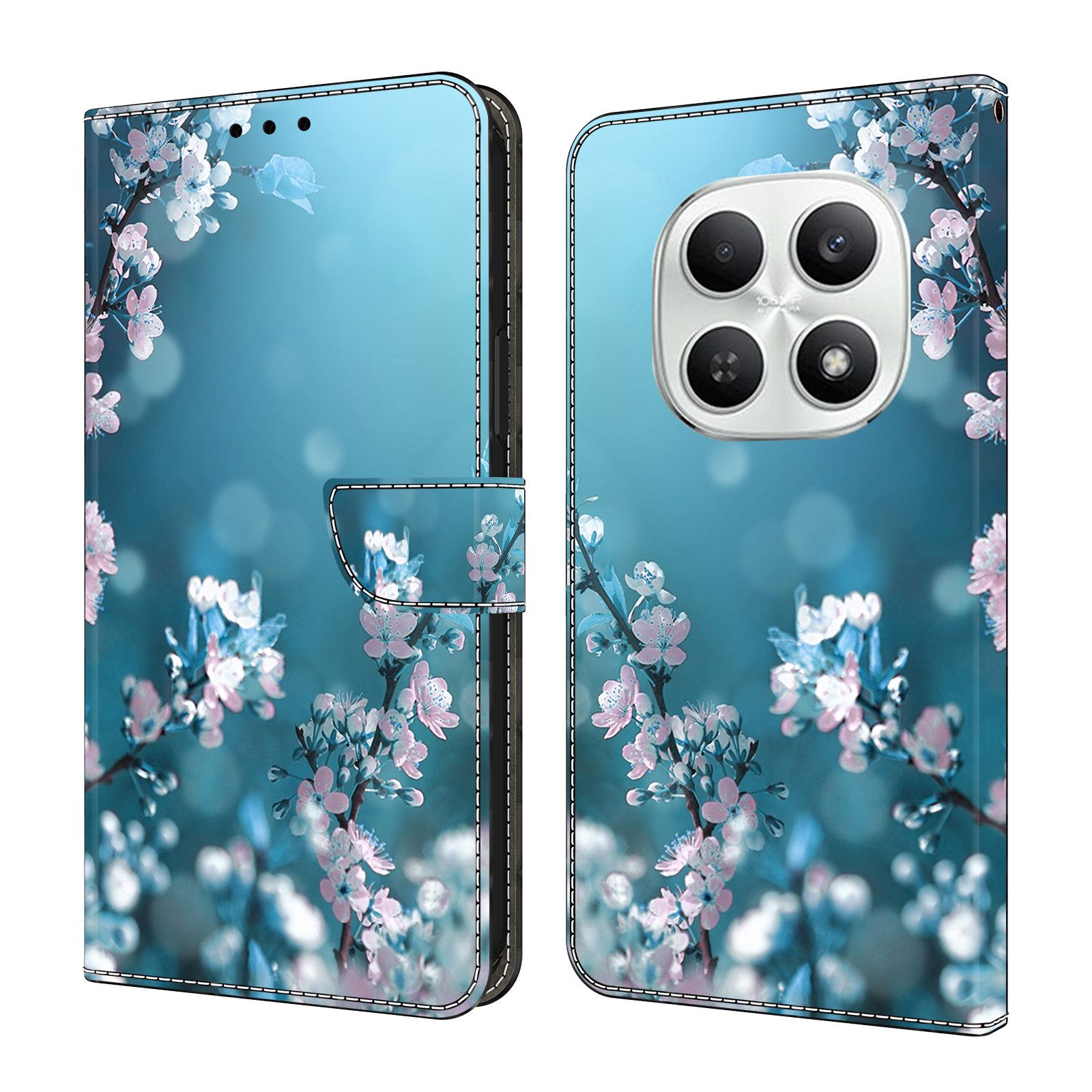 CLM-Tech Handytasche für Xiaomi Redmi Note 15 5G Klapphülle aus PU Leder (Pflaumenblüte blau, 1-tlg., Flip Case), Magnetverschluss, Standfunktion und Kartenfächer