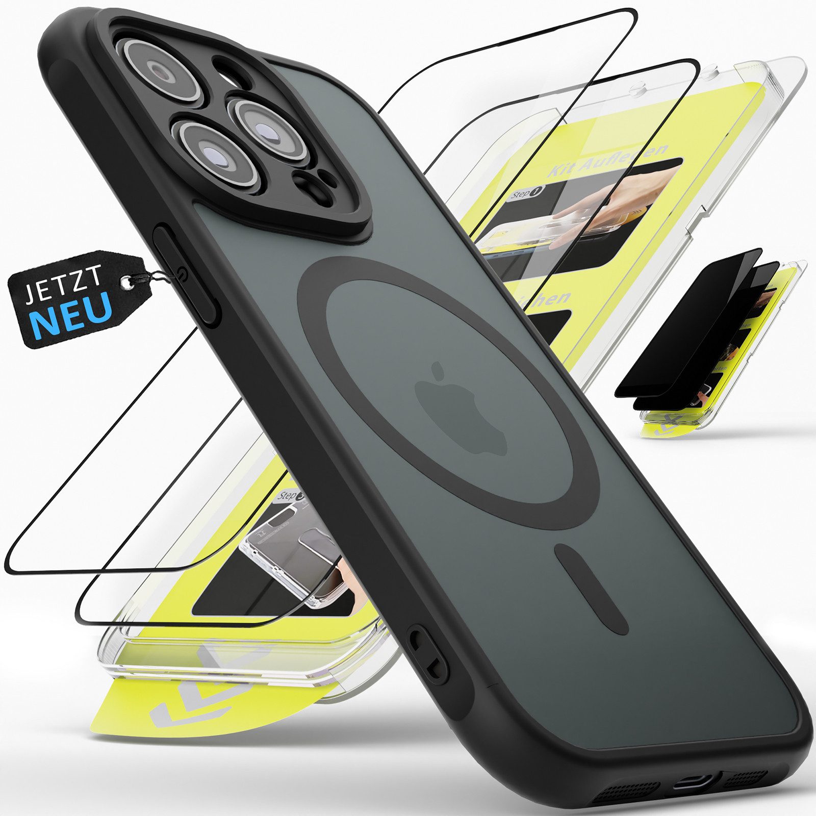 GreenHec Handyhülle Hülle + Panzerfolie iPhone 17 16 15 14 13 12 Pro Max MagSafe Magnet 9H 7 Zoll, Air Handy Displayschutzglas Sichtschutz Stoßfest Transparent Kratzfest