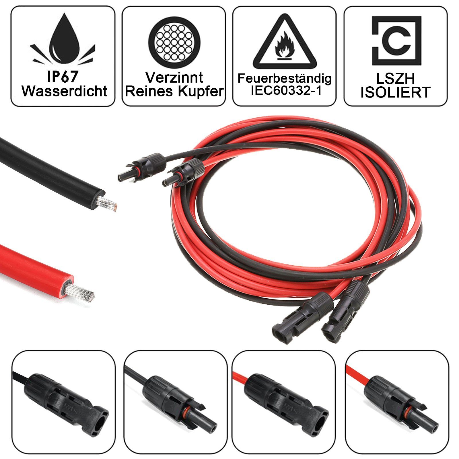 Rhein Beleuchtung PV-Panel Verlängerungskabel 6 mm² (2 Paar) Solarkabel, MC4-Stecker, Für Solarmodule, Wohnmobil & Balkonkraftwerk (500 cm), UV-beständig & wass – Bild 3 von 5