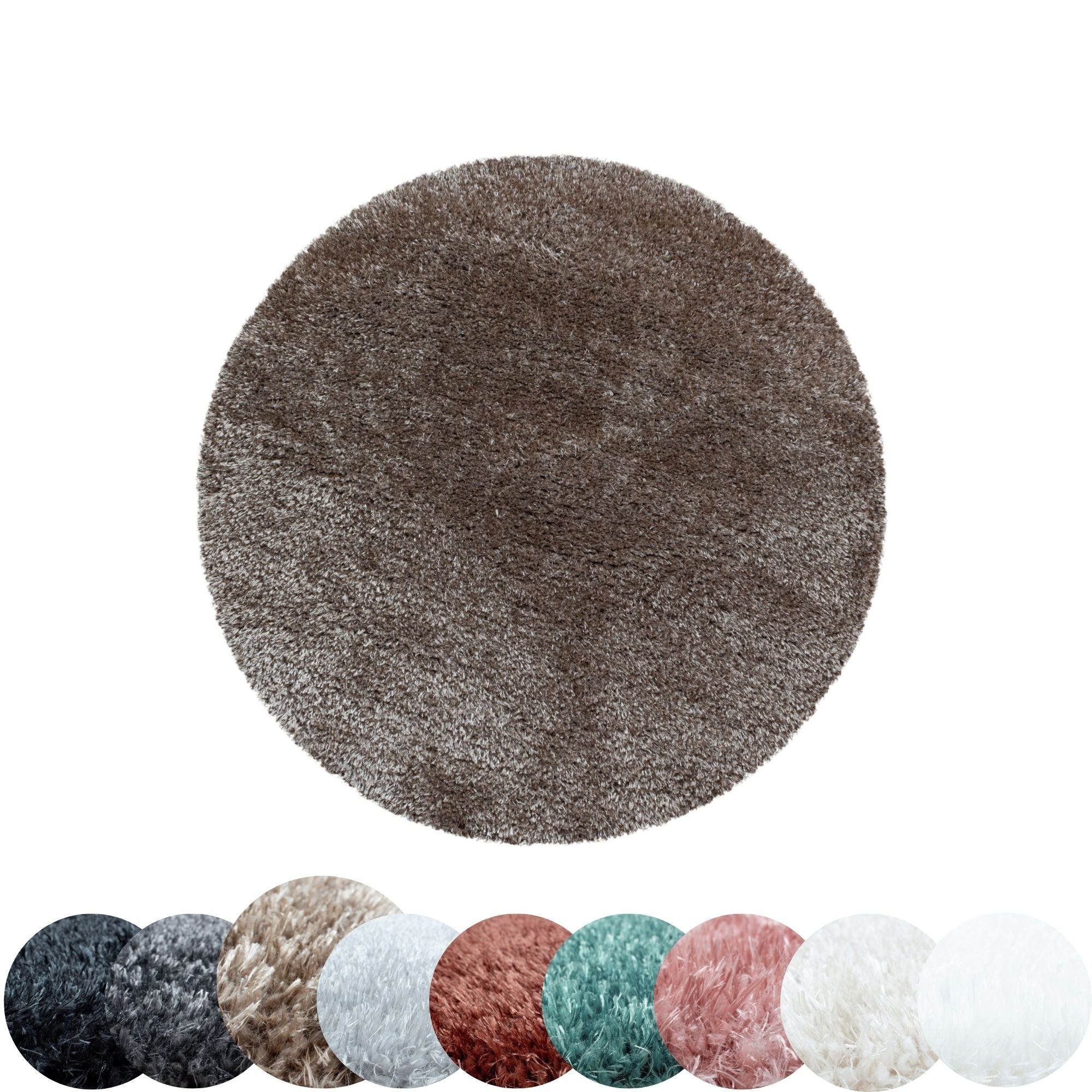 Teppich Unicolor - Einfarbig, HomebyHome, Rund, Höhe: 50 mm, Runder Teppich Wohnzimmer Shaggy Einfarbig versch. farben und größen Taupe | Hochflor-Teppiche
