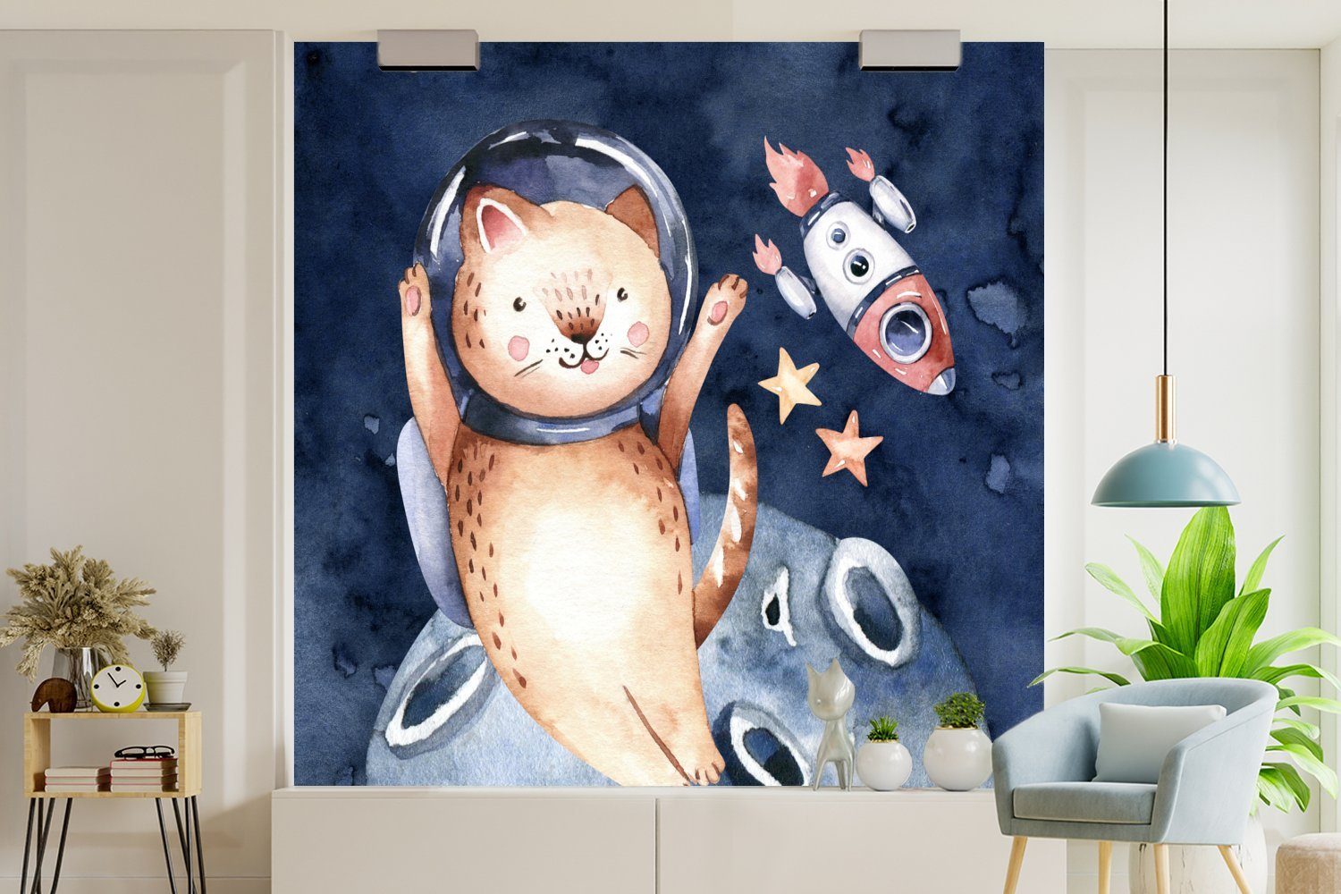 für Vinyl Rakete - (5 Weltraum Matt, - Tapete Katze oder - - Kind Wandtapete - bedruckt, MuchoWow - Jungen Wohnzimmer Kinder, Fototapete Schlafzimmer, St), Mädchen