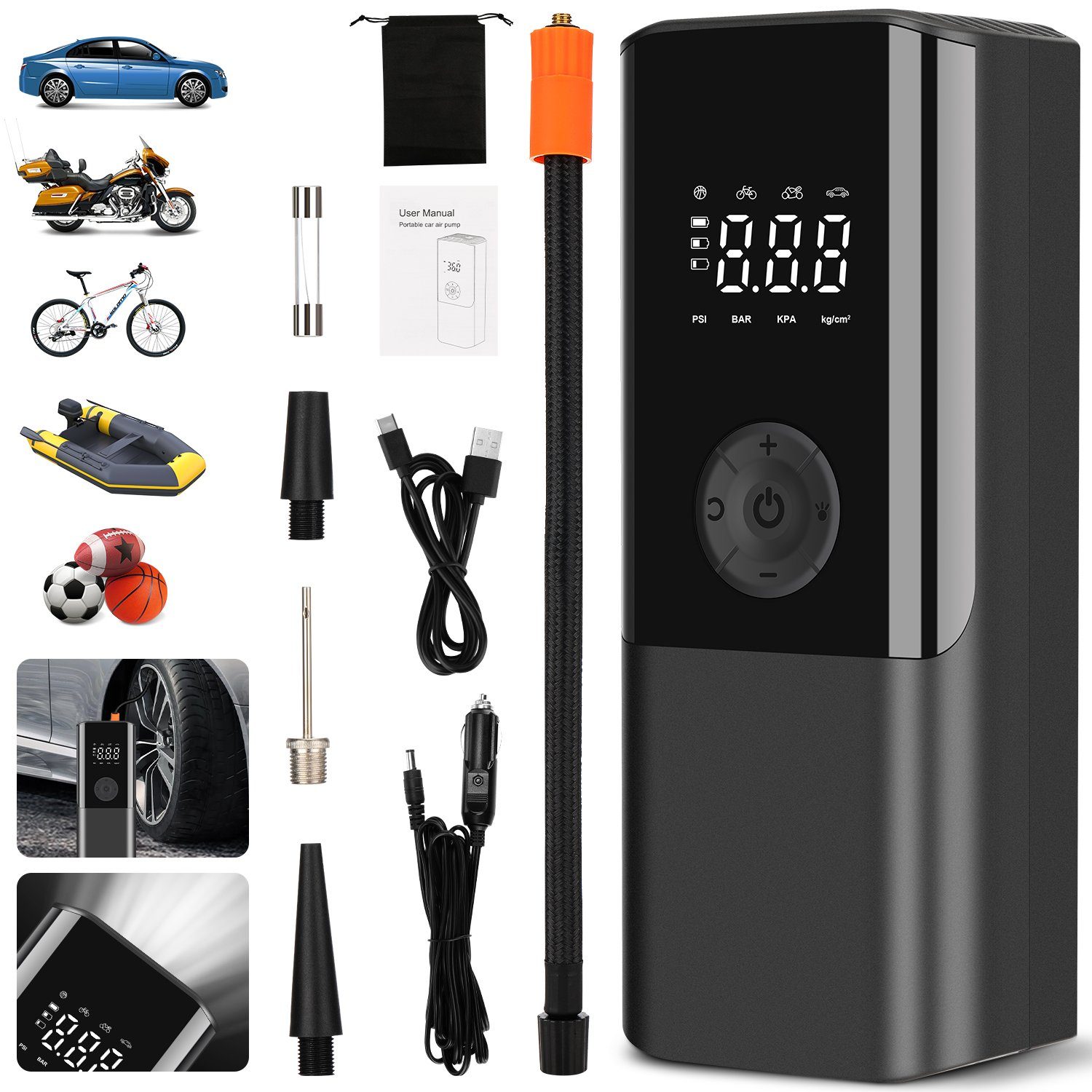 autolock Elektropumpe Elektrische Luftpumpe Tragbar Fahrradpumpe 120PSI,  mit 4Modi,LED-Licht,Als Powerbank Mini Digitale Luftpumpe