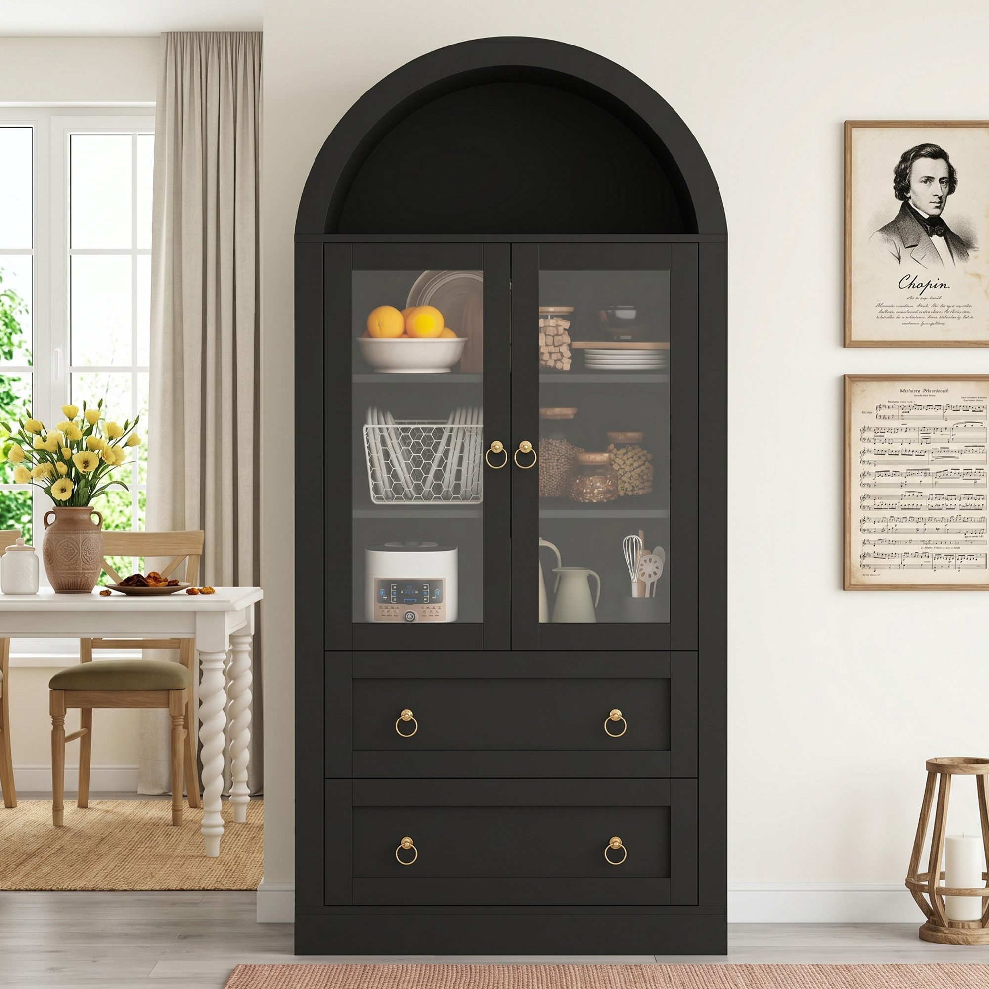 Flieks Hochschrank Bogen-Glasvitrine mit Schubladen, Doppeltüren und Retro-Metallgriffen (mit verstellbarer Einlegeböden, 1-St., 80x36x170 cm) Mehrzweckschrank Küchenbuffet Wohnzimmerschrank Schwarz