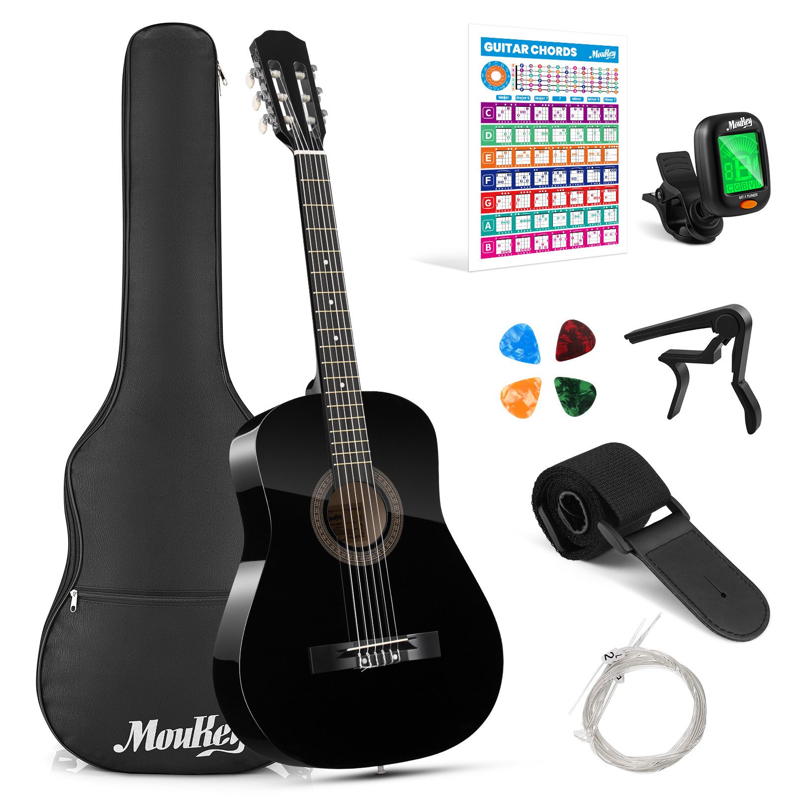 Moukey Akustikgitarre Kinder Gitarre 38" Set mit Tasche, Gurt, Stimmgerät, Linde, Komplettes Zubehör, Gitarrentasche Stimmgerät Gurt Ersatzsaiten, für Anfänger & Kinder, Klassische Gitarre
