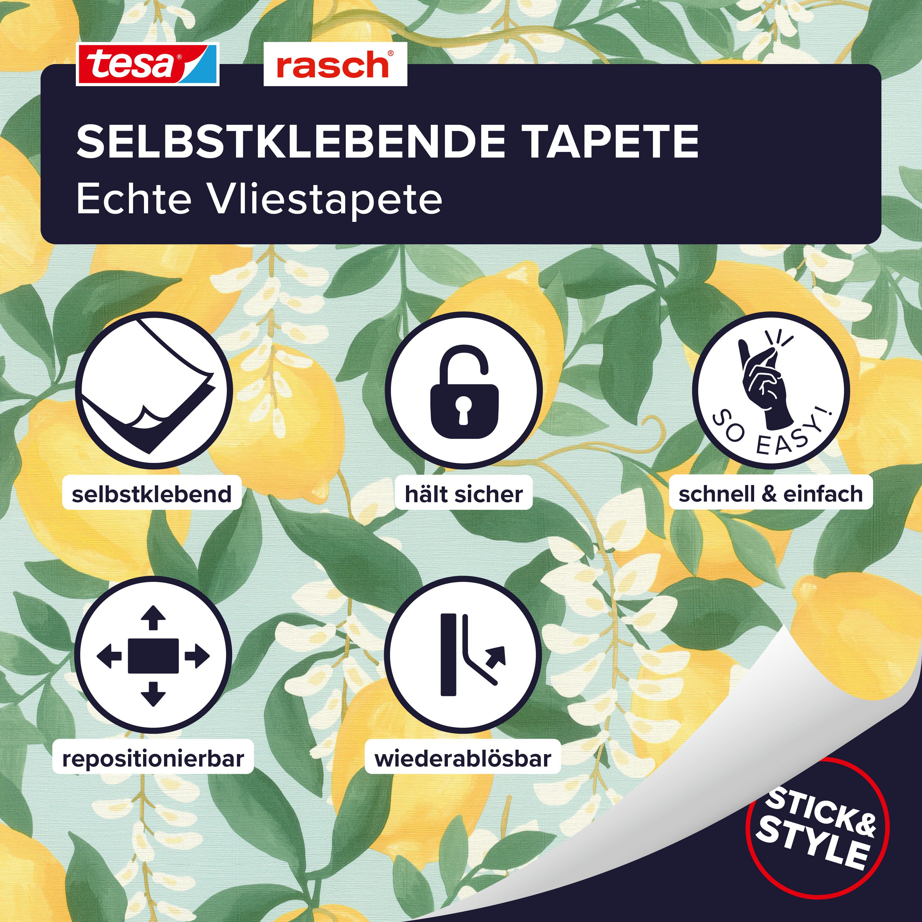 Rasch Vliestapete Portofino - Selbstklebende Tapete Zitrone von tesa® x rasch®, strukturiert, mediterran, botanisch, (1 St), selbstklebend, 6,00m x 0,53m