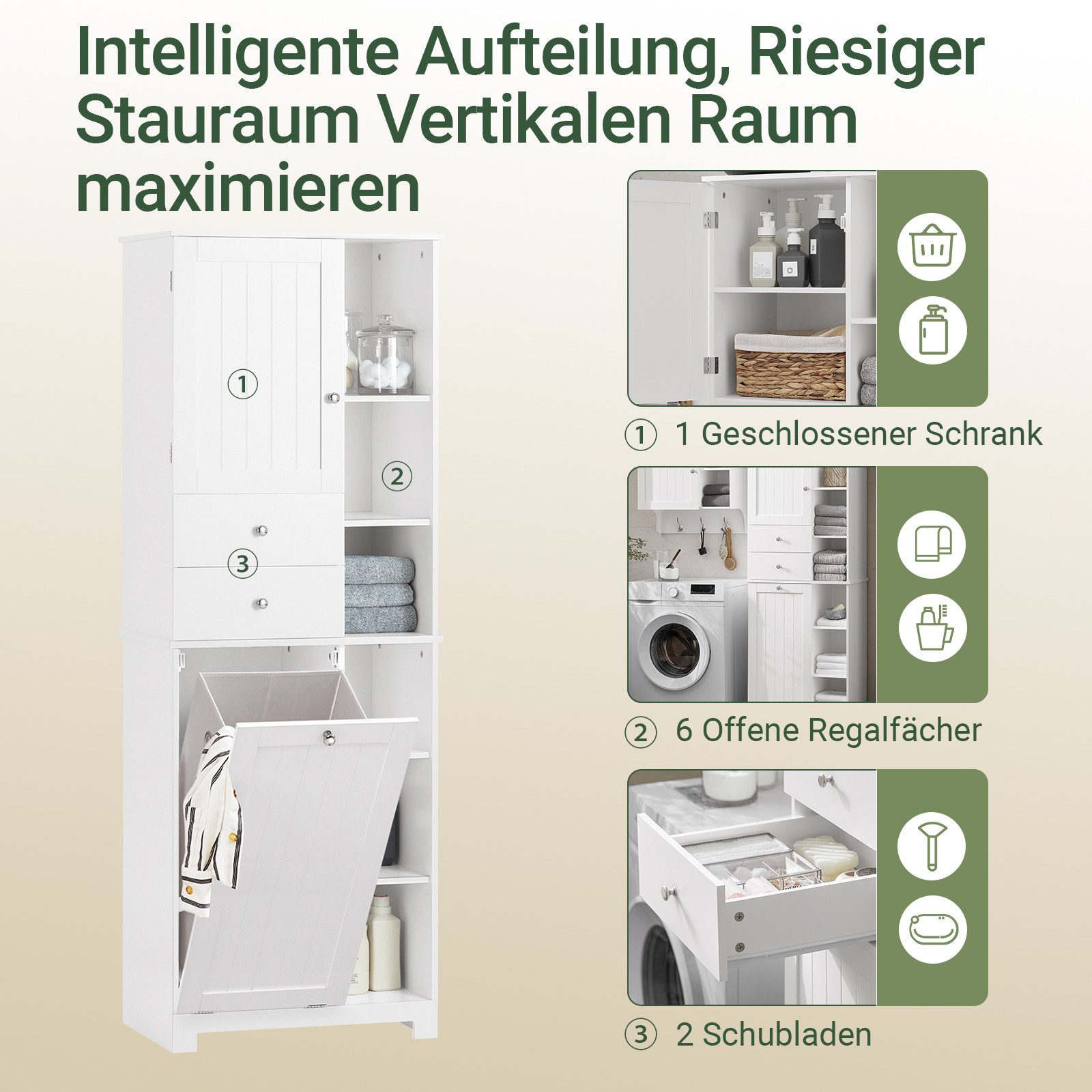 SoBuy Hochschrank BZR104, Badezimmerschrank mit Wäschekorb Schmaler Badschrank Hoch Badregal Stehend mit 6 Ablagen, 2 Schubladen Wäscheschrank, Badezimmer