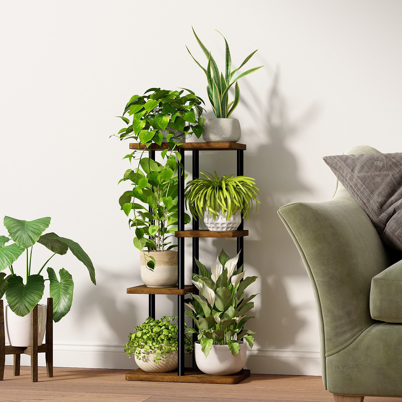 Bamworld Blumenständer Blumenschelf Pflanzenständer Pflanzenregal für mehrere Pflanzen (1 St), 4 Ebenen für 5 Töpfe, Eckpflanztisch – Maße 40 x 24 x 78 cm