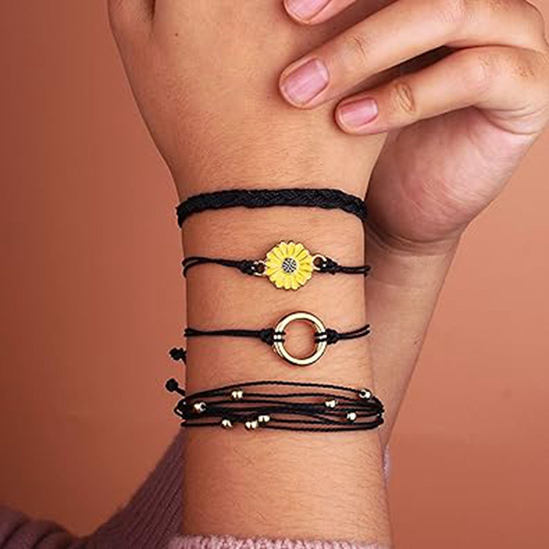 (4-tlg) Set Sonnenblumen-Seilarmbänder, Seil 4 handgewebtes WaKuKa glänzende Armband Stil3