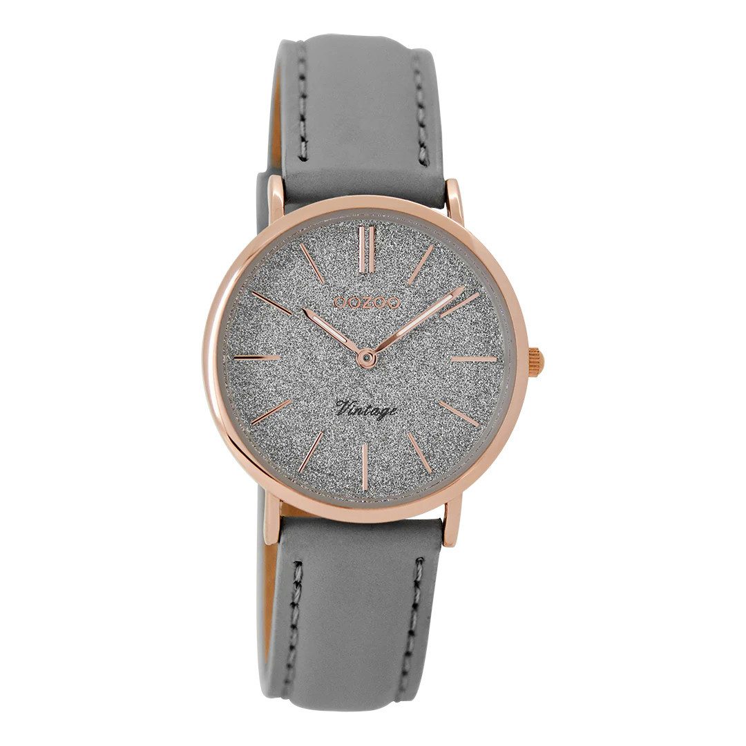 Quarzuhr Vintage Damenuhr C8831 - IP-Rosé, Graues Lederband, 32 mm C8831