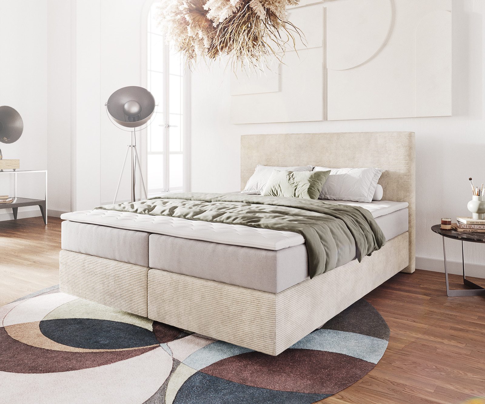 DELIFE Boxspringbett Dream-Well, Cord Beige 160x200 cm mit Taschenfederkernmatratze u. Topper