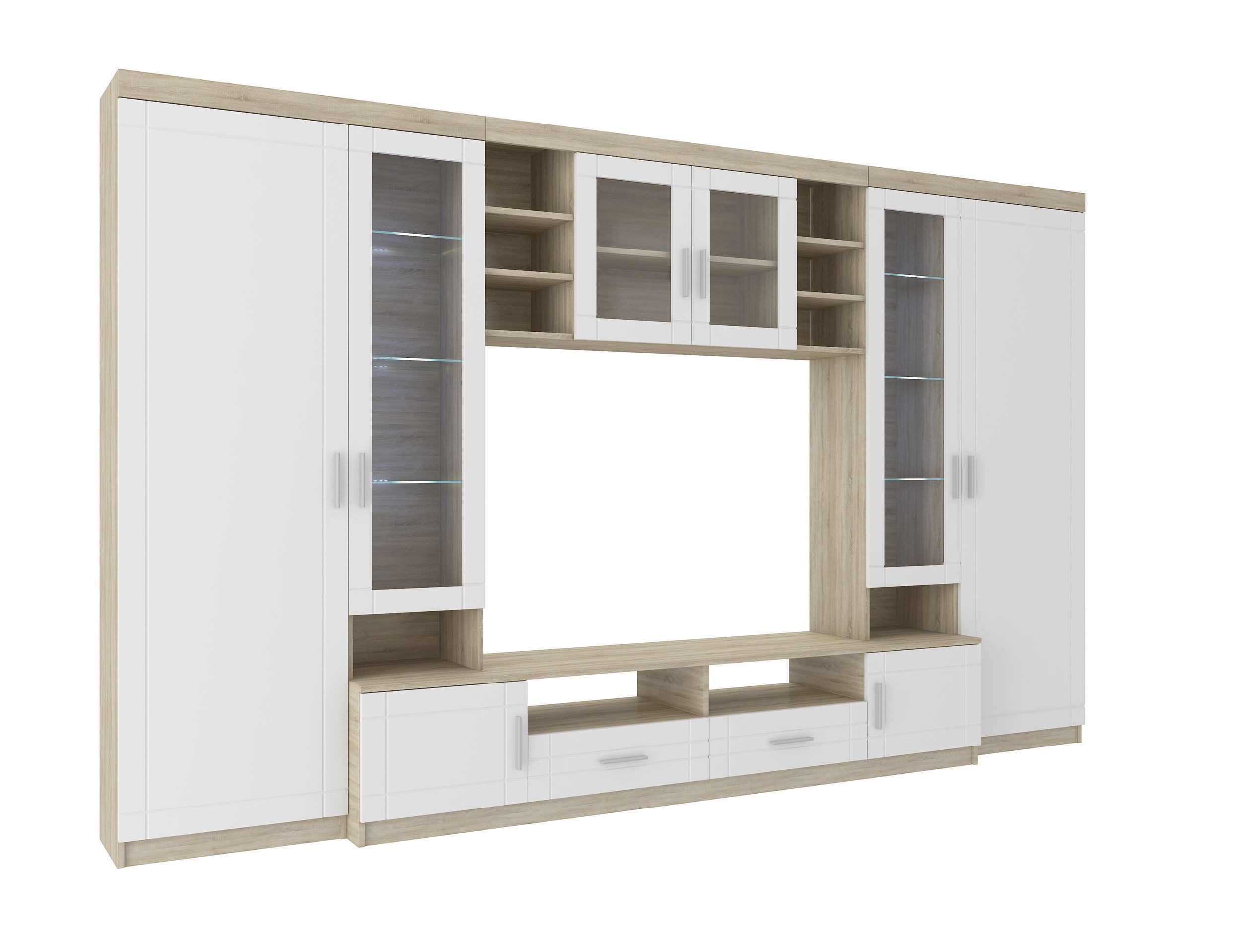 Küchen-Preisbombe Wohnwand Paris Schrankwand Anbauwand Wohnzimmer MDF Weiss + Sonoma Eiche matt, (4-St)