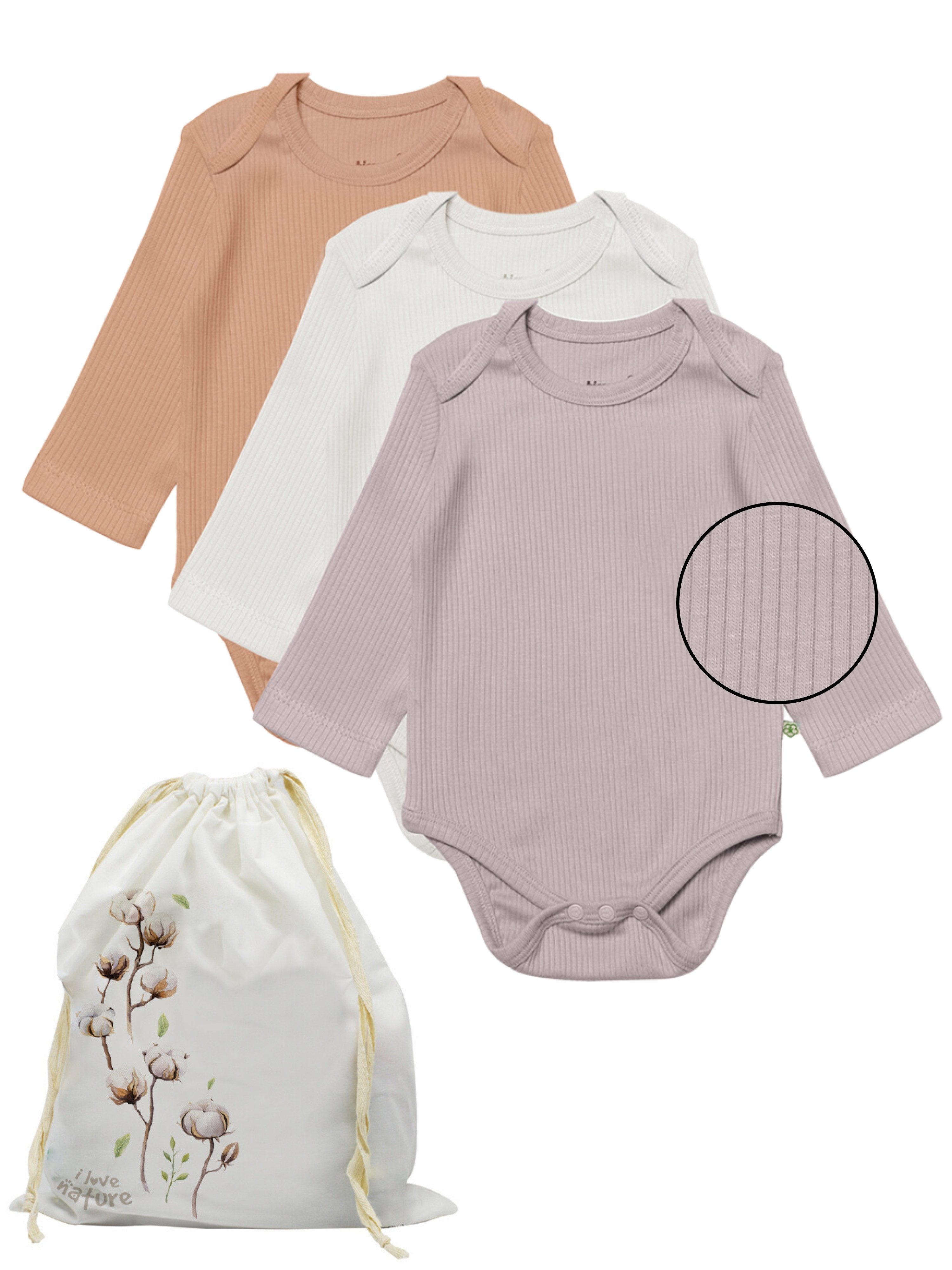 biorganic Langarmbody Ripp (3er Pack), Mehrfarbig, Unisex, Baby Body für Jungen und Mädchen (Set, 4-tlg., 3er-Pack Bodys & 1 Beutel) gerippte Textilstruktur (Ripp), Modal und Bio-Baumwolle, Größe 56 - 86