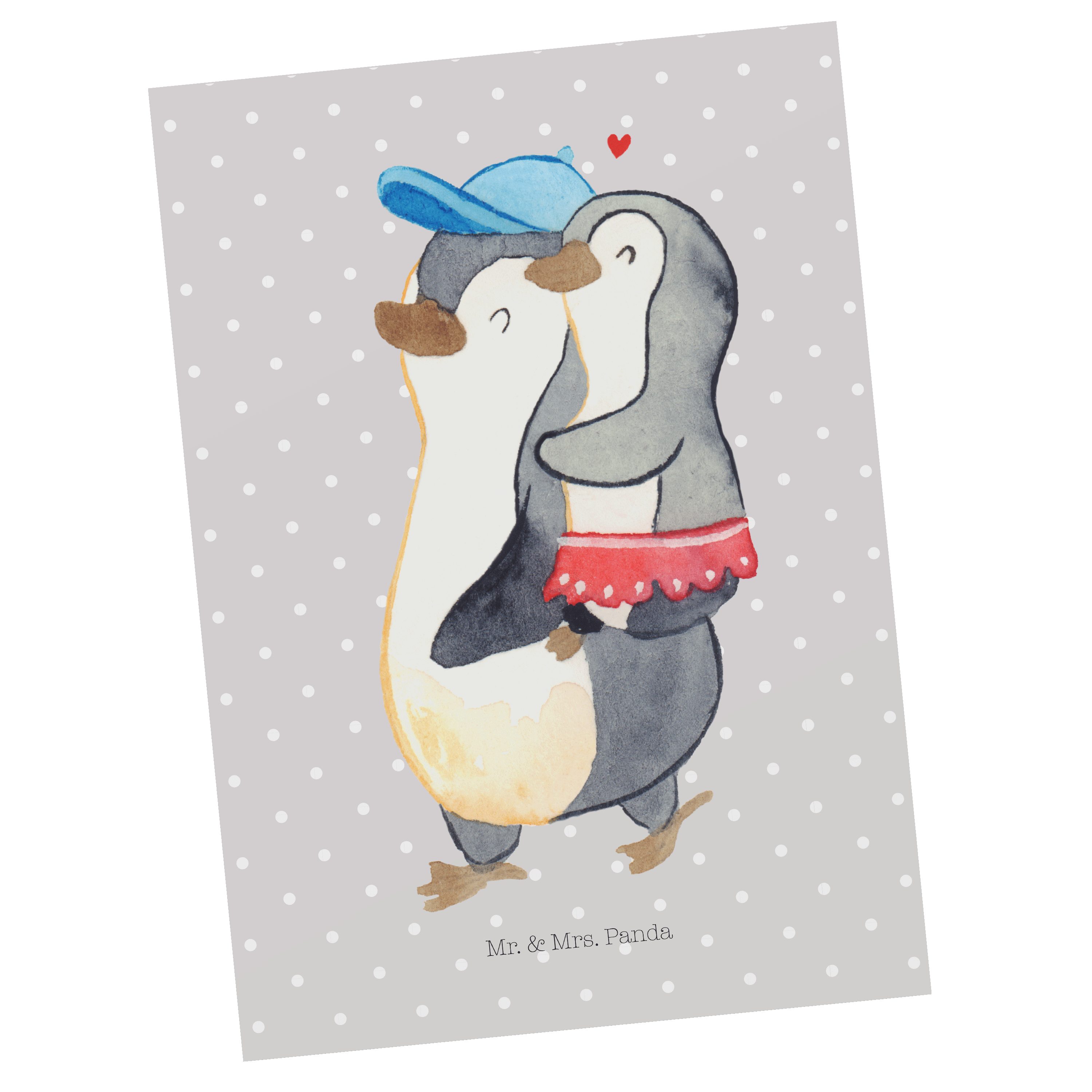 Mr. & Mrs. Panda Postkarte Pinguin Kleine Schwester - Grau Pastell - Geschenk, Ansichtskarte, Va