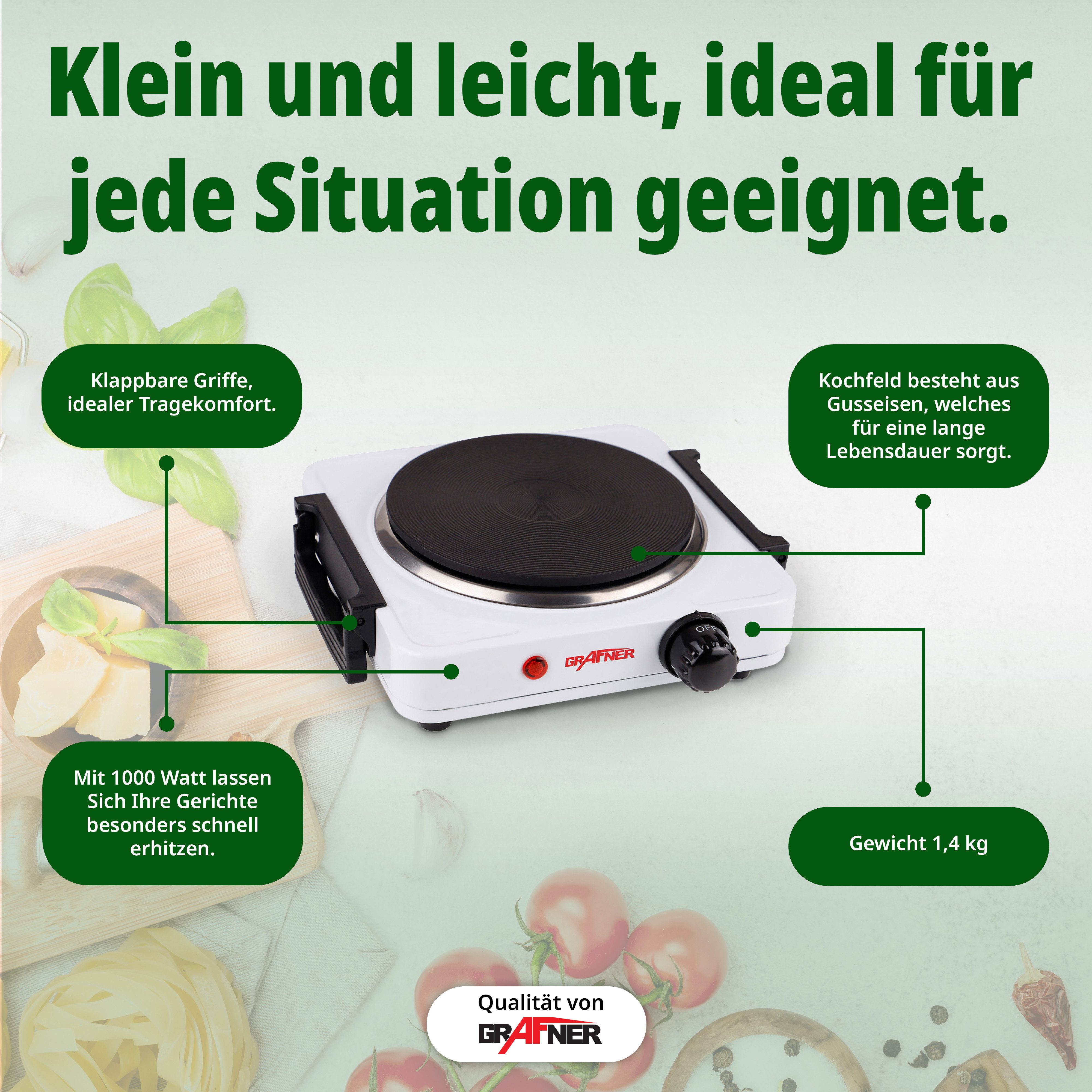 Grafner Einzelkochplatte Einzelkochplatte Kochplatte 1000 Watt klappbare Griffe Weiß elektrisch, 1000 Watt