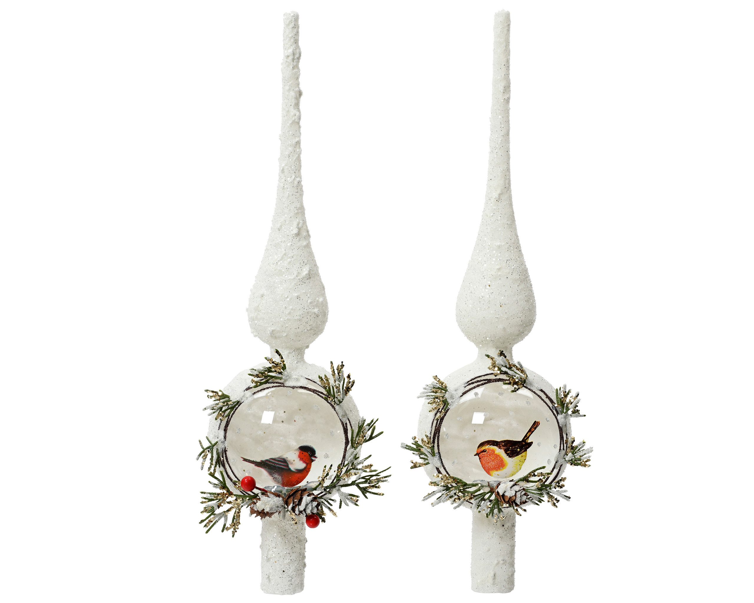 Kaemingk Christbaumspitze, Christbaumspitze Glas 31cm mit Schnee & Vogel Motiv 1 Stück sort. Weiß, Weihnachtsbaumspitze