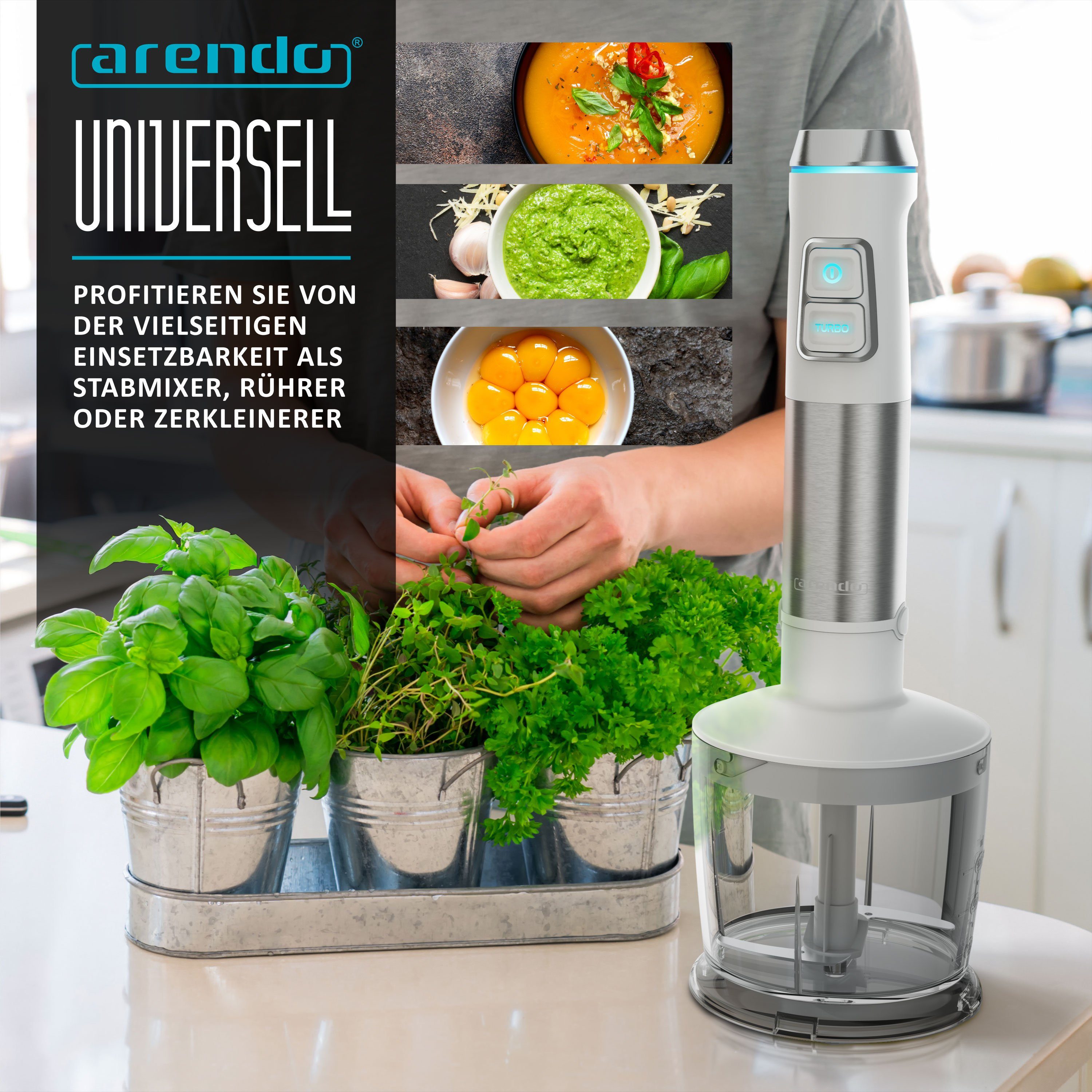 Arendo Stabmixer Edelstahl Pürierstab Set mit Zerkleinerer & Messbecher, Handmixer, 1200 W, mit Schneebesen, 2 Geschwindigkeitsstufen, 4-Klingen, DC Motor – Bild 4 von 5