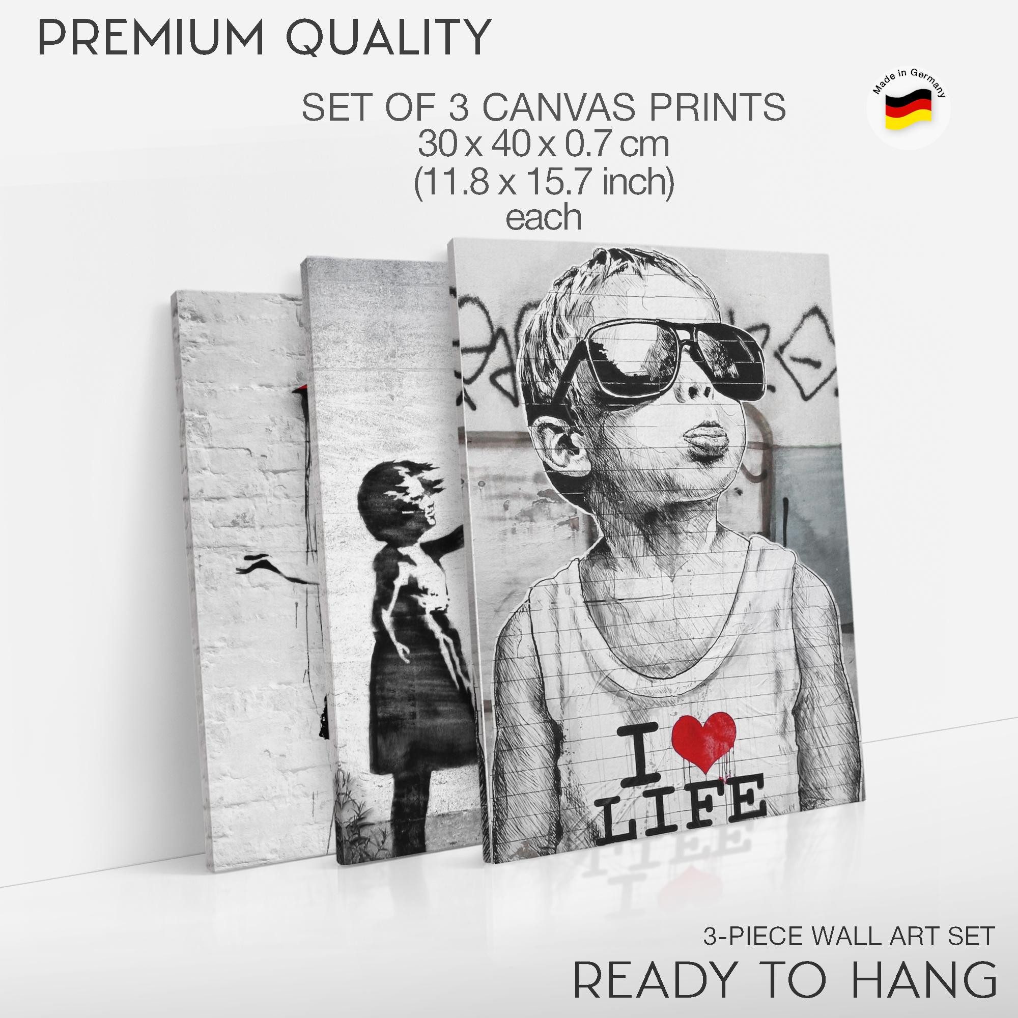 Novart Wandbild Set Banksy Style Collage 3 Bilder Wohnzimmer Streetart, Kinder – Bild 5 von 5