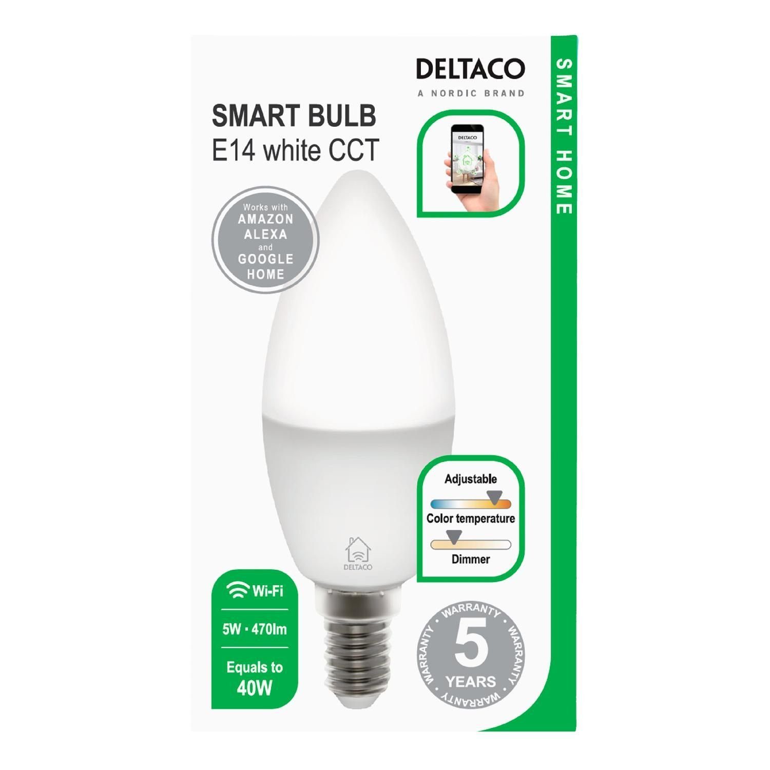 LED E14 Jahre Smarte 5 inkl. Lampe DELTACO E14 HOME LED-Leuchtmittel SMART Herstellergarantie LED TUYA Sprachsteuerung Kerze Sockel, für