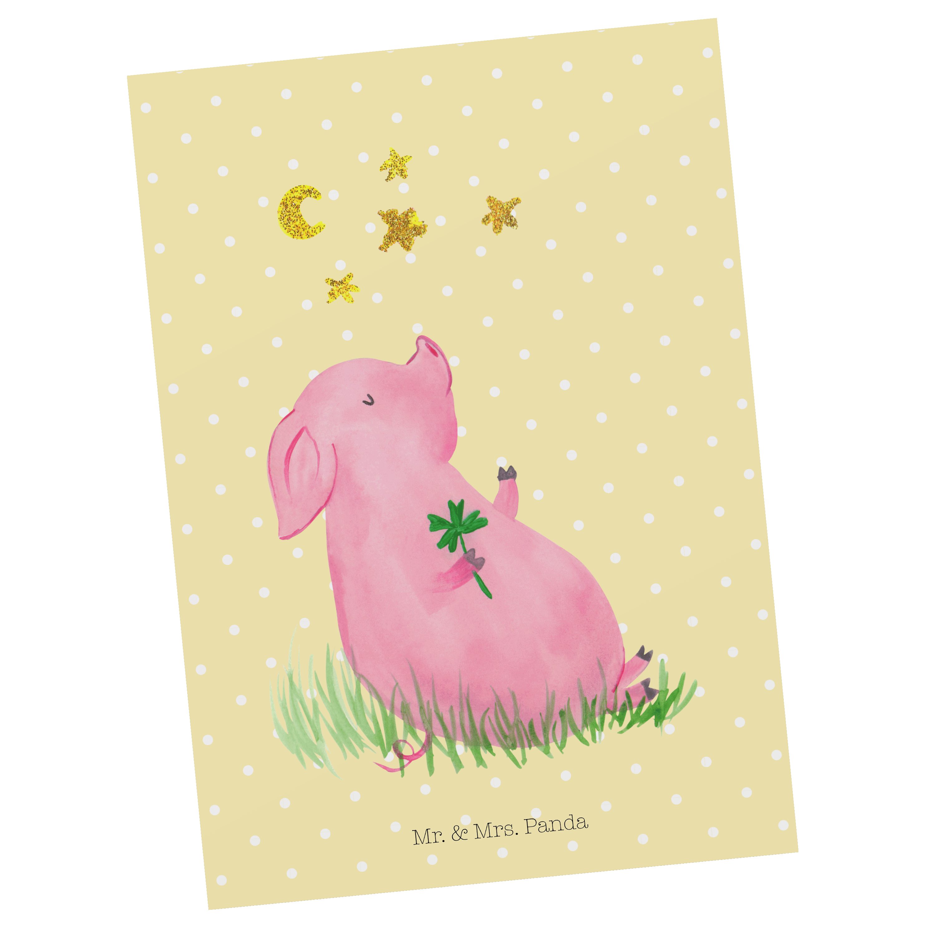 Gute Postkarte & - Pastell Geschenk, Laune Mr. Glücksschwein - Gelb Mrs. Panda Geburtstagskarte,