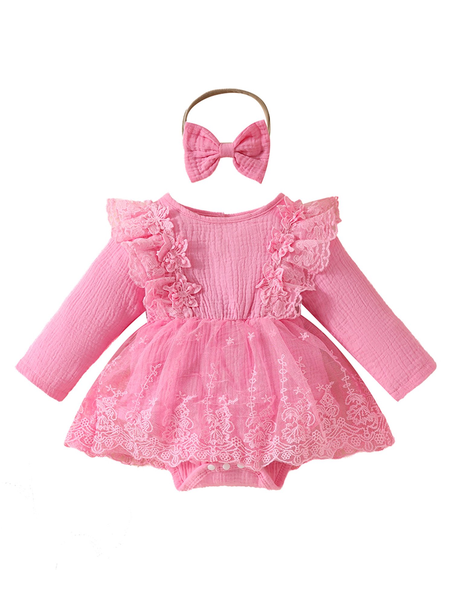 Gluckids Strampler Baby Mädchen Spitze Strampler Langarm Outfits Rüschen Overalls Sets (2-tlg) Alltag süß Baby-Sets Jumpsuit + Stirnband, Jacquard A-Linien Bodysuit