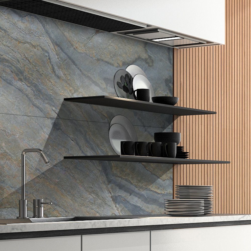 DRUCK-EXPERT Küchenrückwand Naturstein aus 100 % Echtstein - jede Platte ein Unikat Glimmerschiefer Achat Grau
