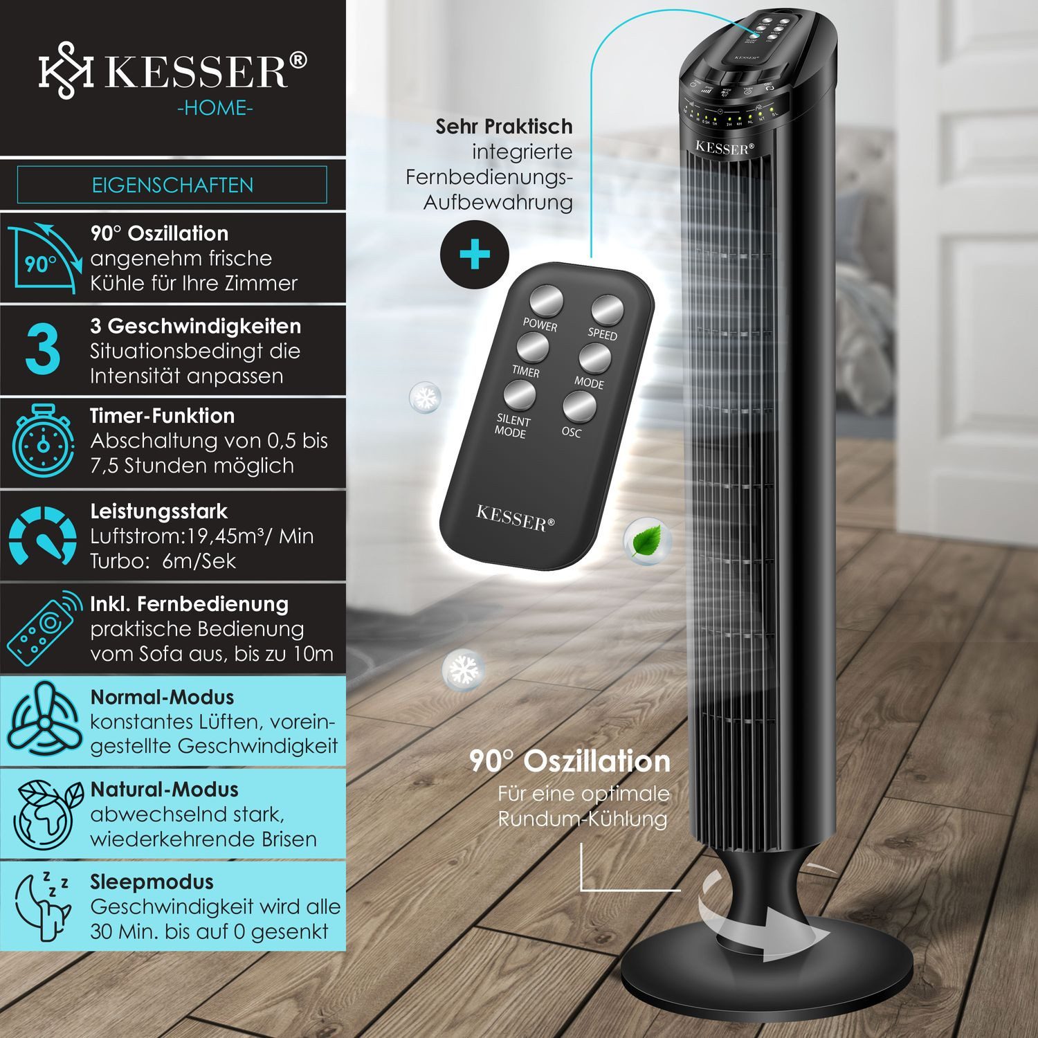 KESSER Turmventilator, Turmventilator FERNBEDIENUNG Ventilator LED günstig online kaufen