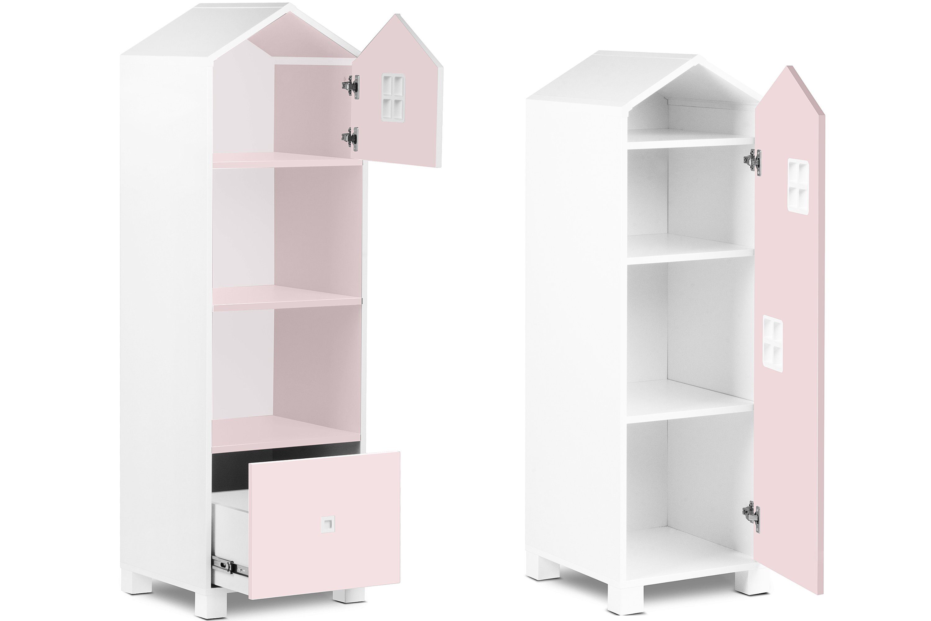 Konsimo (6-St), weiß Bücherregal, / 2x MIRUM grau Kinderzimmer-Möbelset Kommode, 2x Babyzimmer-Komplettset Kleiderschrank, Komplett-Kinderzimmer, / Bettgestell rosa