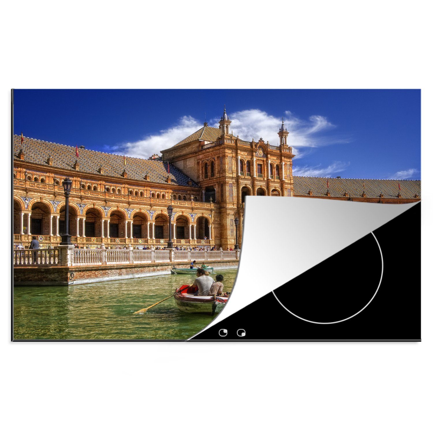 MuchoWow Herdblende-/Abdeckplatte Boote auf dem Wasser an der Plaza de España in Sevilla, Vinyl, (1 tlg), 81x52 cm, Induktionskochfeld Schutz für die küche, Ceranfeldabdeckung