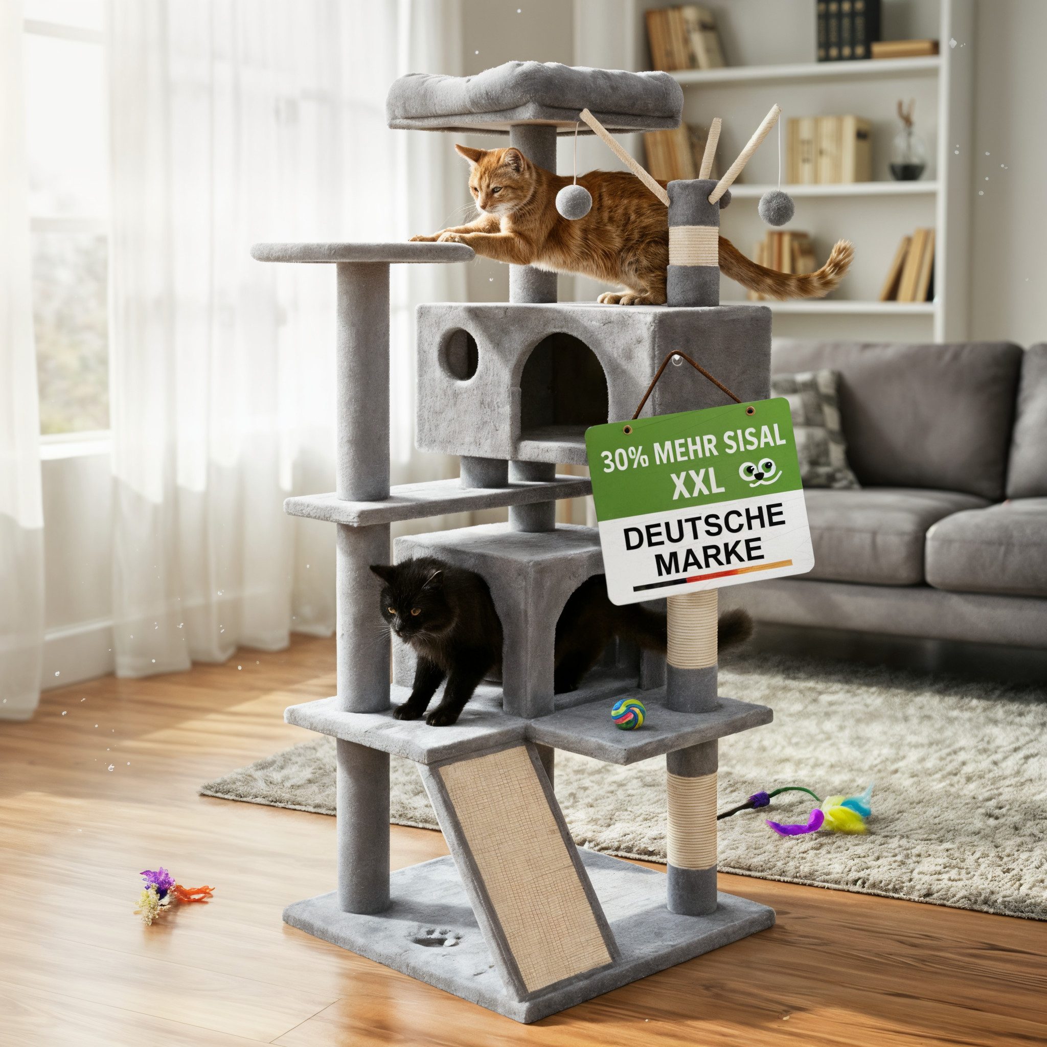 Zooprinz Kratzbaum Kitty XXL inklusive Plüschmaus, 3 Spielbälle, Strapazierfähig, 2 Höhlen, Sisalstämme