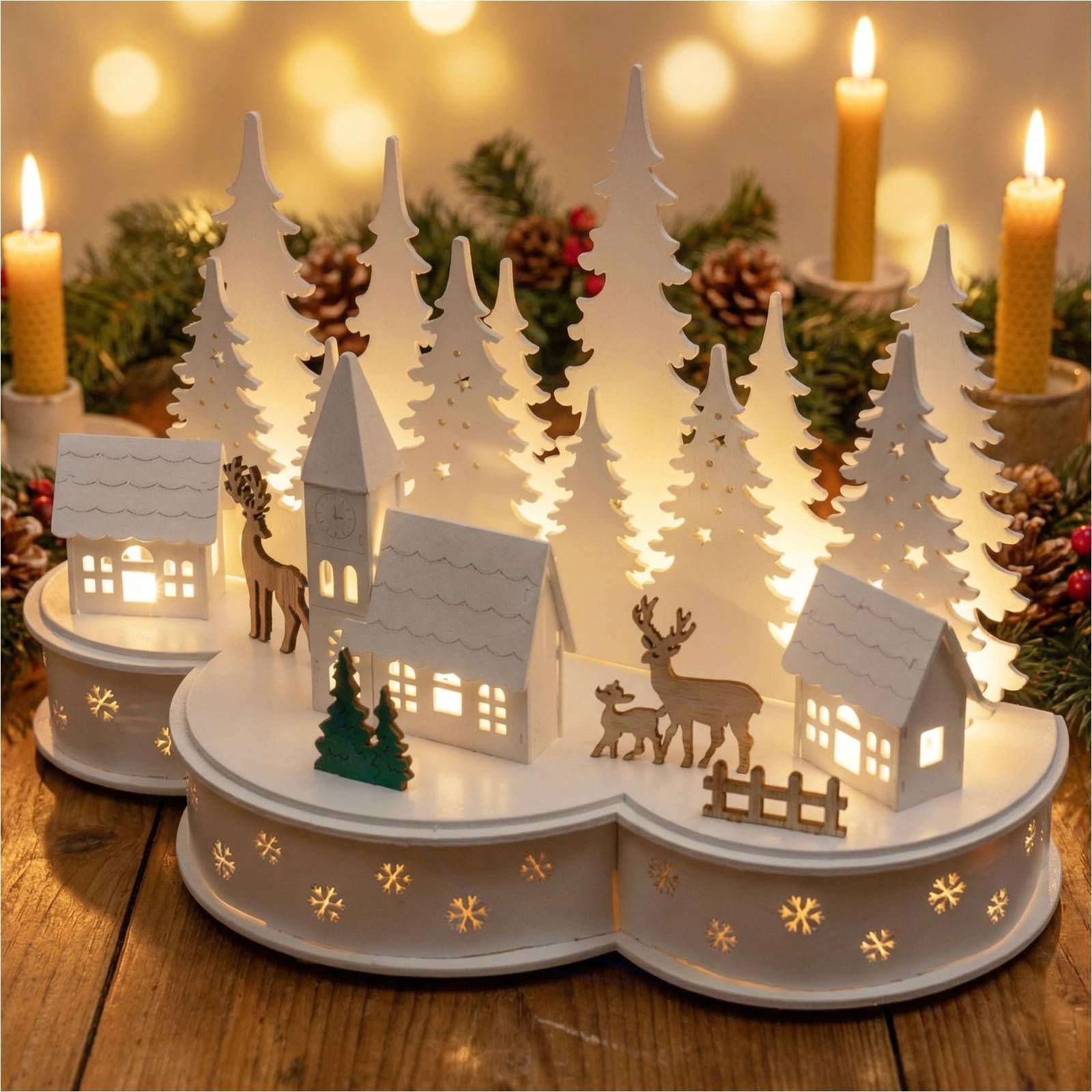 Gravidus Weihnachtsdorf Beleuchtete LED Weihnachtsstadt mit Rentieren Weihnachtsdeko