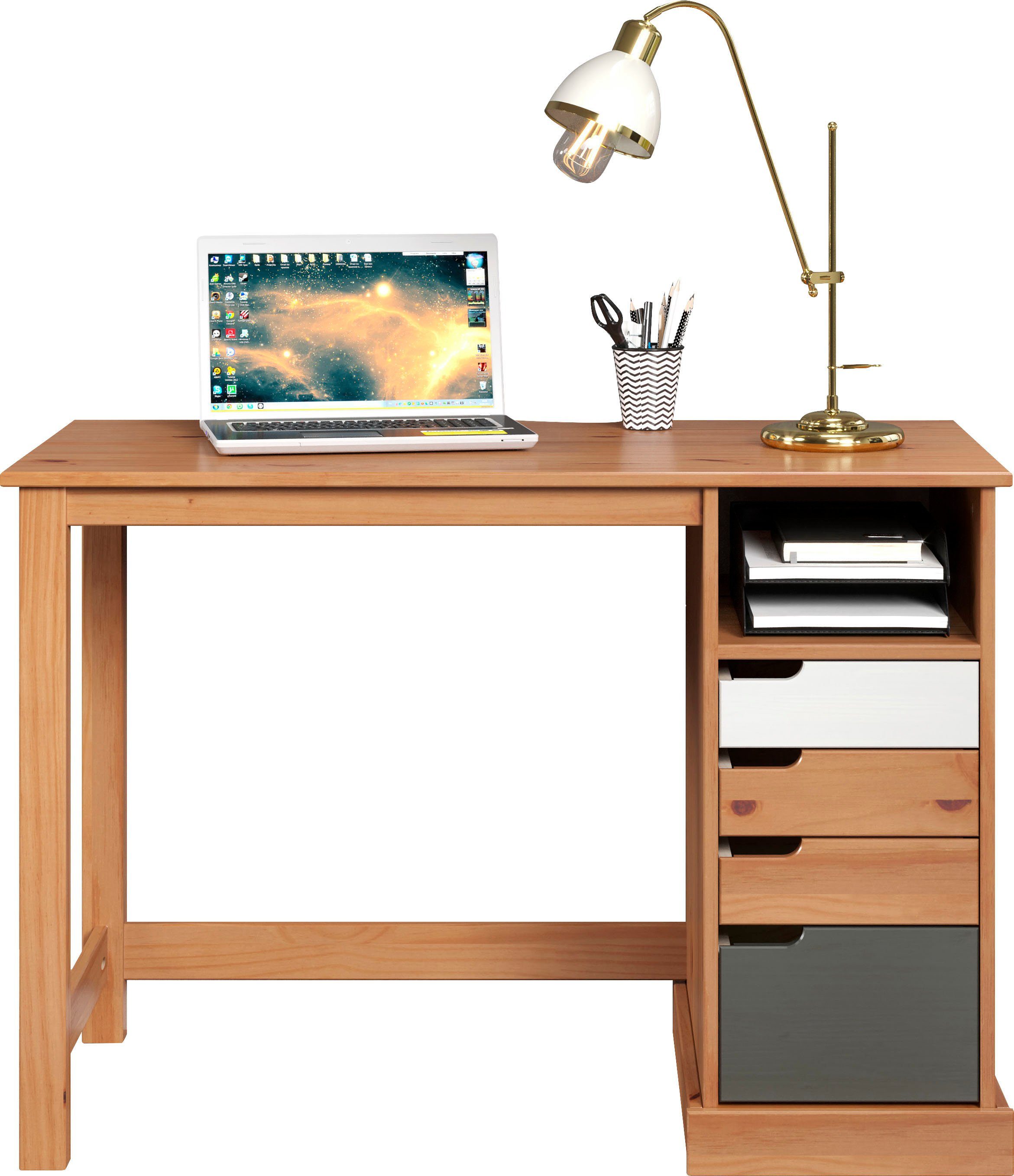 INTER-FURN Schreibtisch Mestre, praktisch aus und Honigfarben/Grau/Weiß massivem Kiefernholz