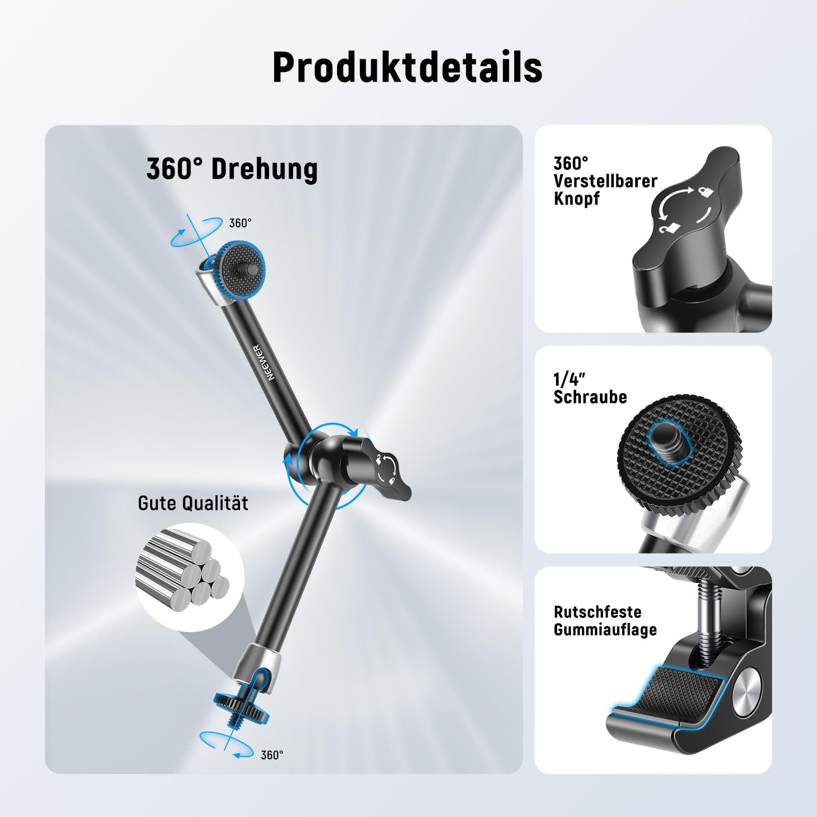 Neewer Kamerahalterung ST25C 25cm Magic Arm mit Super Clamp für Kamera & Licht, max. 2kg, (Packung, LochmaB Befestigung:1/4) – Bild 3 von 5