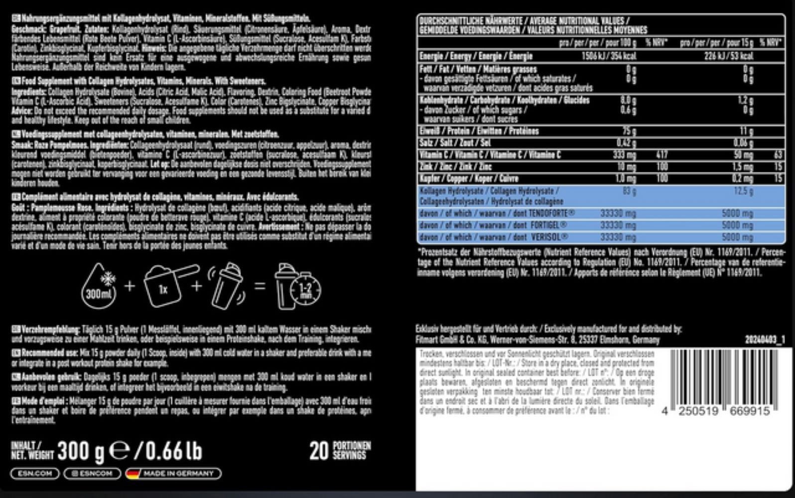 ESN ESN Collagen Peptides 300g Kollagenhydrolysat / Kollagen Pulver Pulver, Mit Vitamin C, Zink & Kupfer