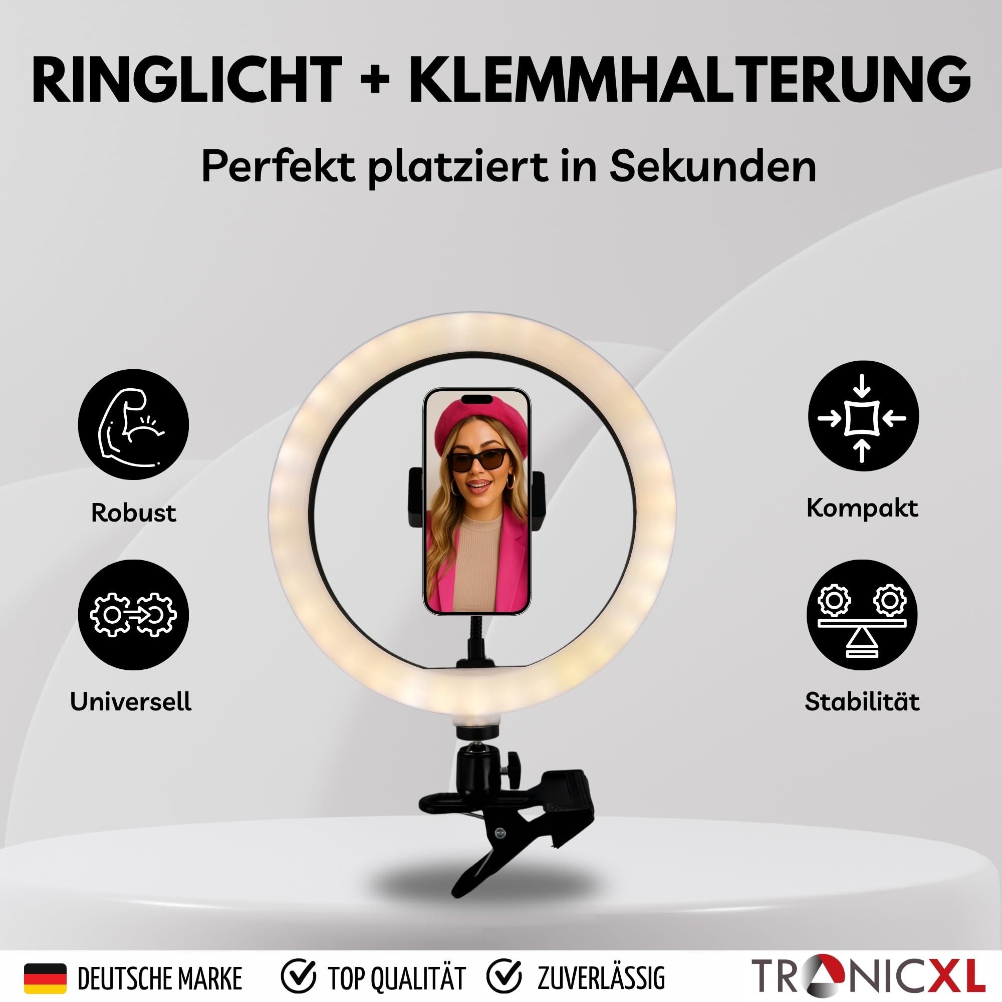 TronicXL Ringlicht Ringlicht 10 Zoll + Klemmhalterung Klemmstativ für Tisch Selfie Lampe, Handyhalterung für Apple iPhone Samsung