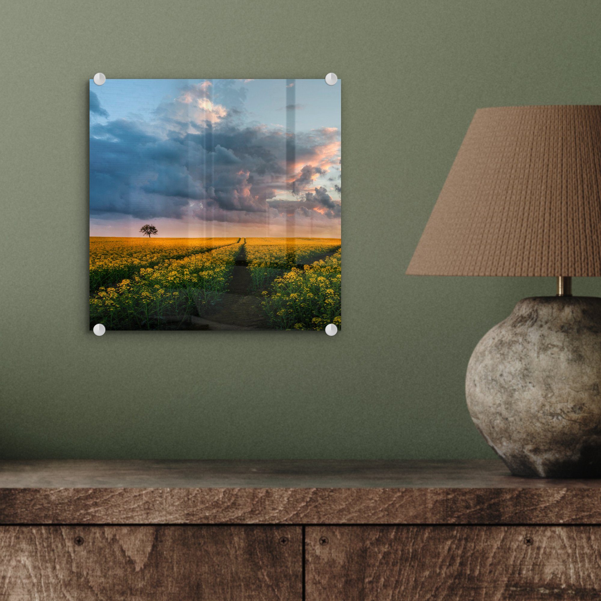MuchoWow Acrylglasbild auf Wandbild Blumen - Gelb Glas Glas - Wanddekoration auf - - Glasbilder Sonnenuntergang, St), - Bilder Foto (1