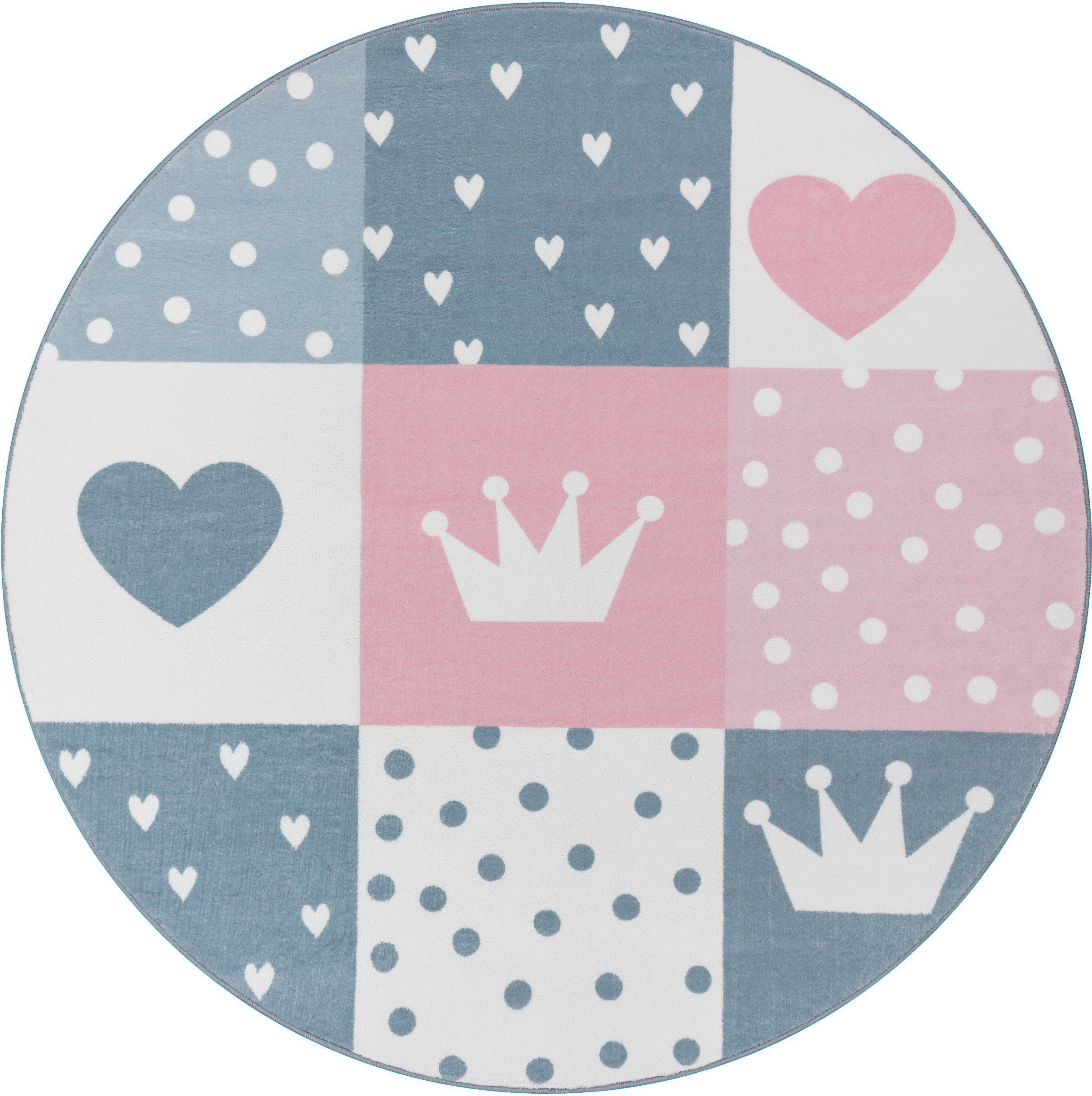 Paco Home Kinderteppich Eliz 391, rund, Höhe: 12 mm, Kurzflor, Spielteppich, Patchwork-Muster, Motiv Krone, Herz & Punkte