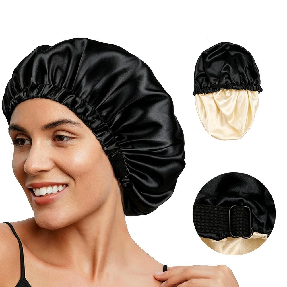 AFKSMILE Duschhaube Verstellbare Duschhauben, Doppelschichtige Satinhaube, Atmungsaktive, Nacht Schlaf Mütze mit Gummiband, Schützt vor Frizz und Haarschäden