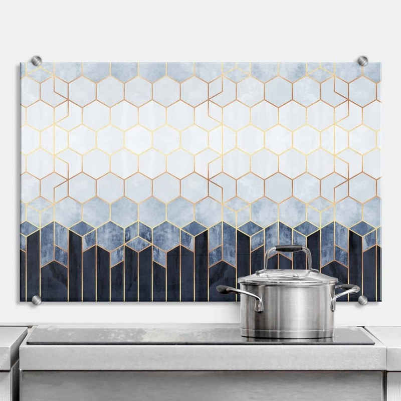 K&L Wall Art Gemälde Glas Spritzschutz Küchenrückwand Hexagon Kunst Blau Weiß Gold, Wandschutz inkl Montagematerial