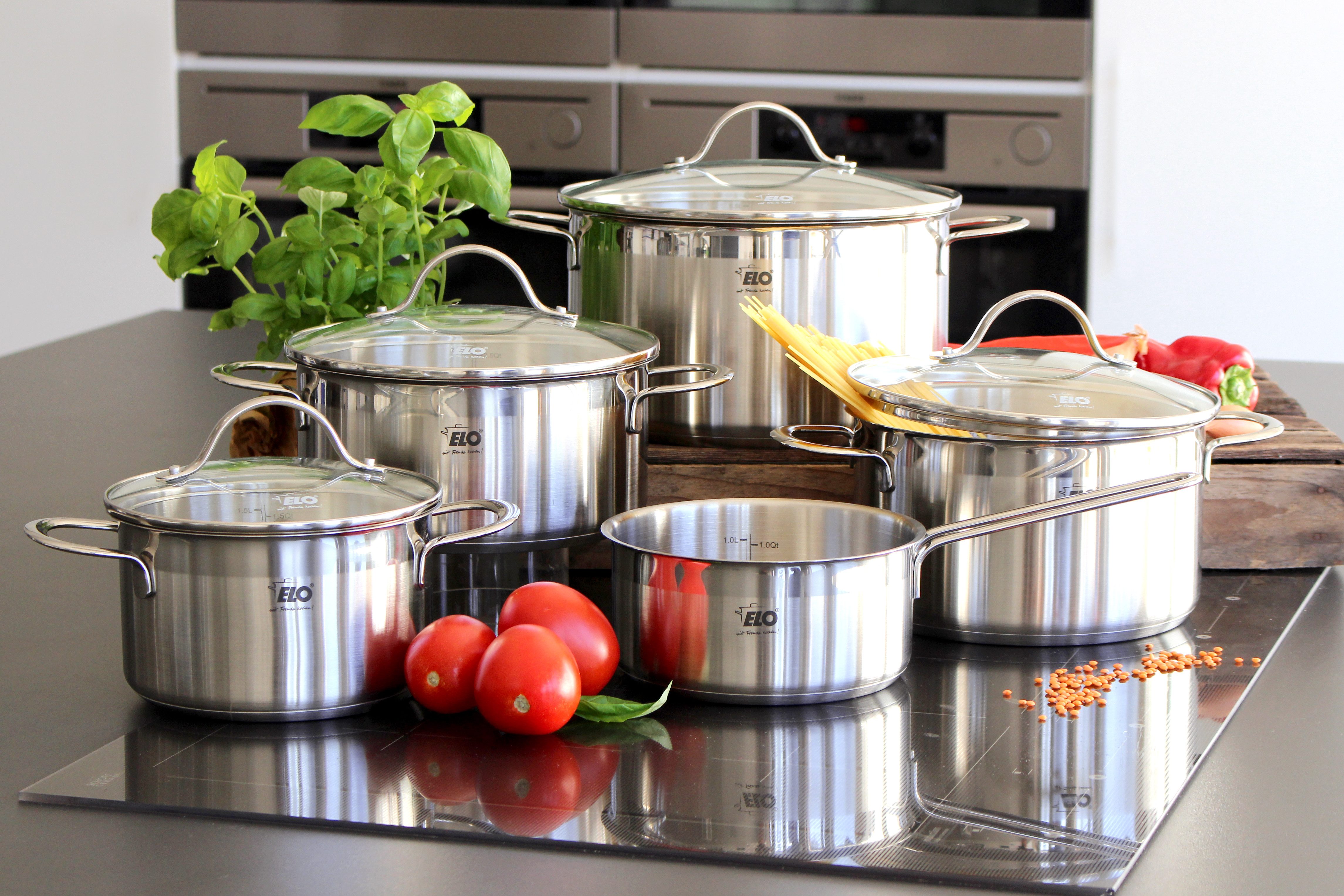 Elo Topf-Set Top Collection, Edelstahl 18/10 (Set, 9-tlg., je 1 Fleischtopf 16/20/24 cm, Bratentopf 20 cm, Stielkasserolle 16 cm), Induktion