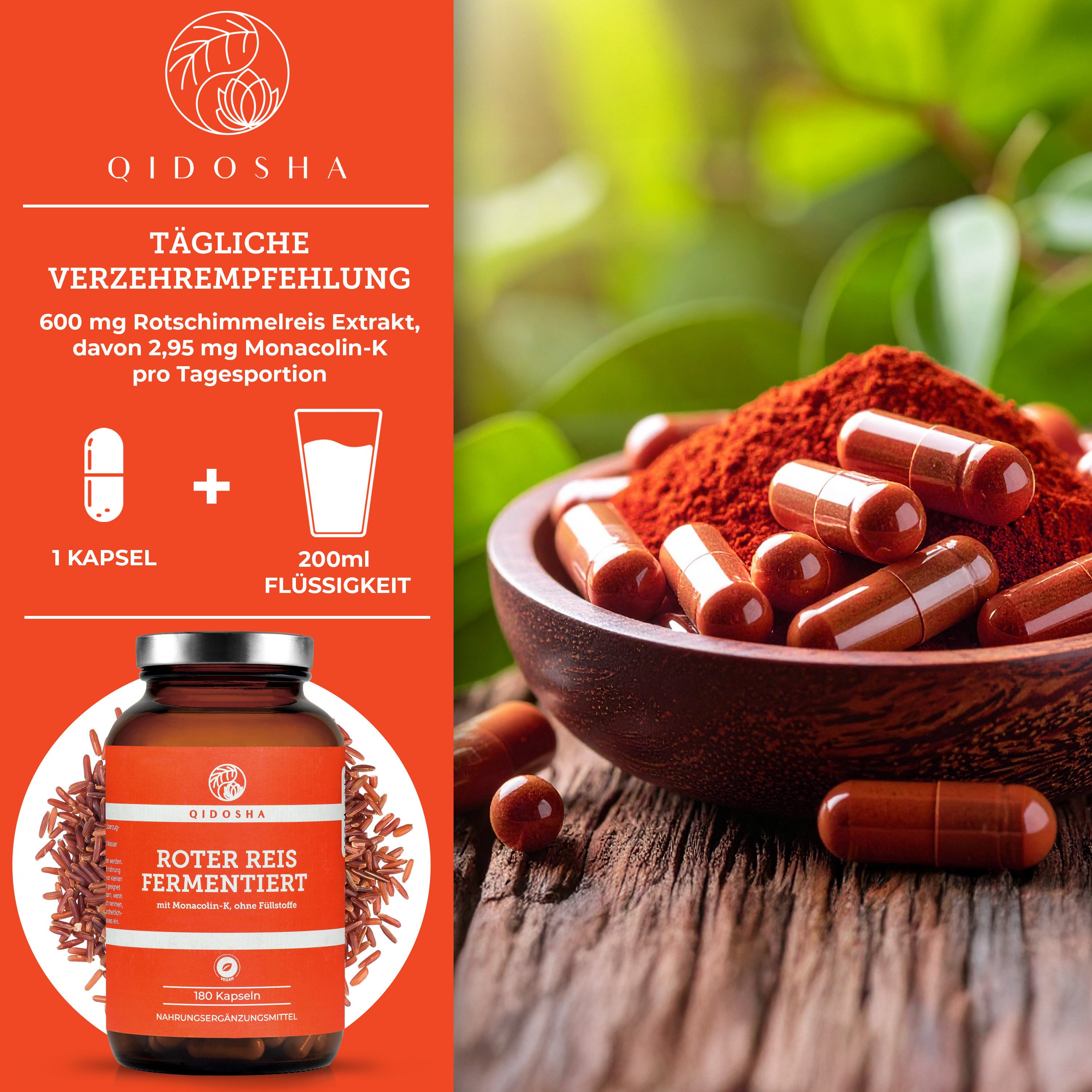 QIDOSHA Roter Reis Kapseln 600 mg Hartkapsel, 1 er 180 St., 130 g, Citrininfrei