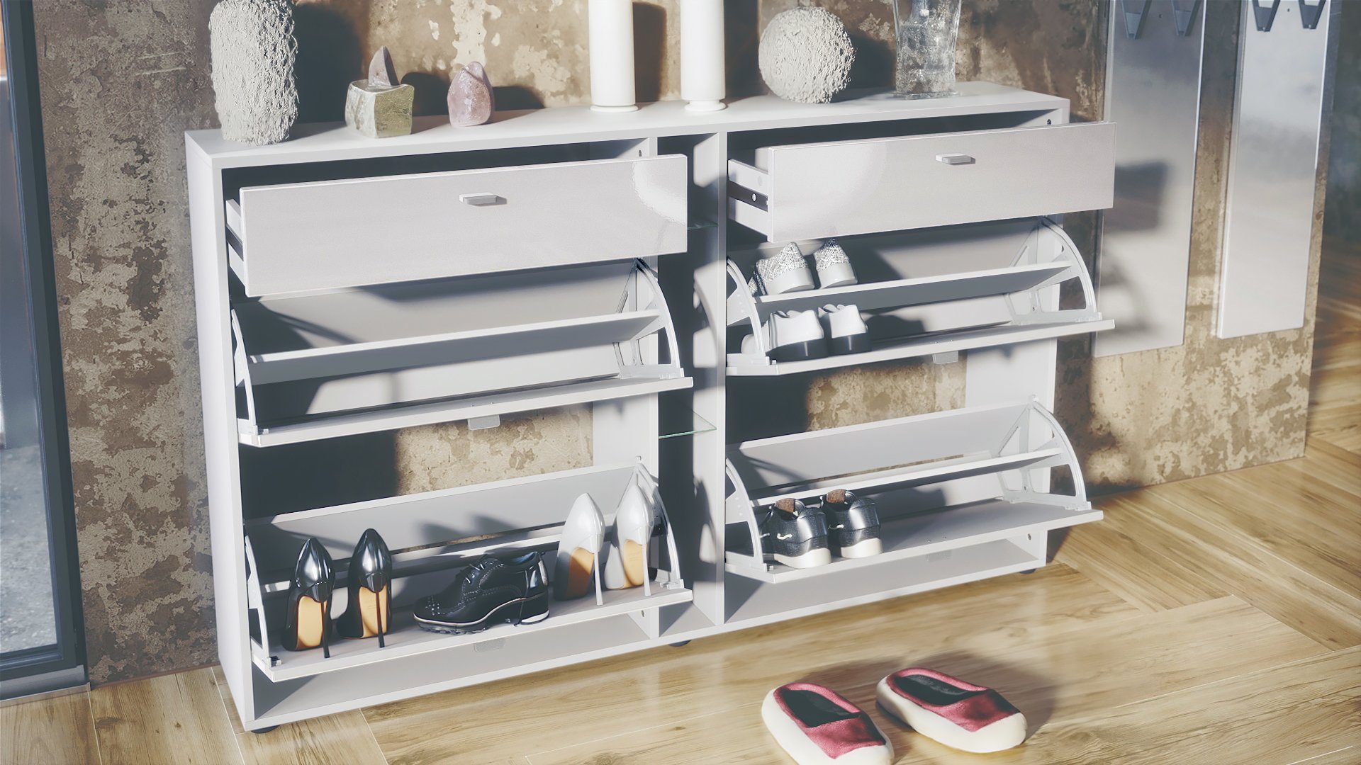 Vladon Garderoben-Set Orlando, (Garderoben-Set, mit Schuhschrank, Wandpaneel und Wandspiegel), Weiß matt/Beton Oxid Optik