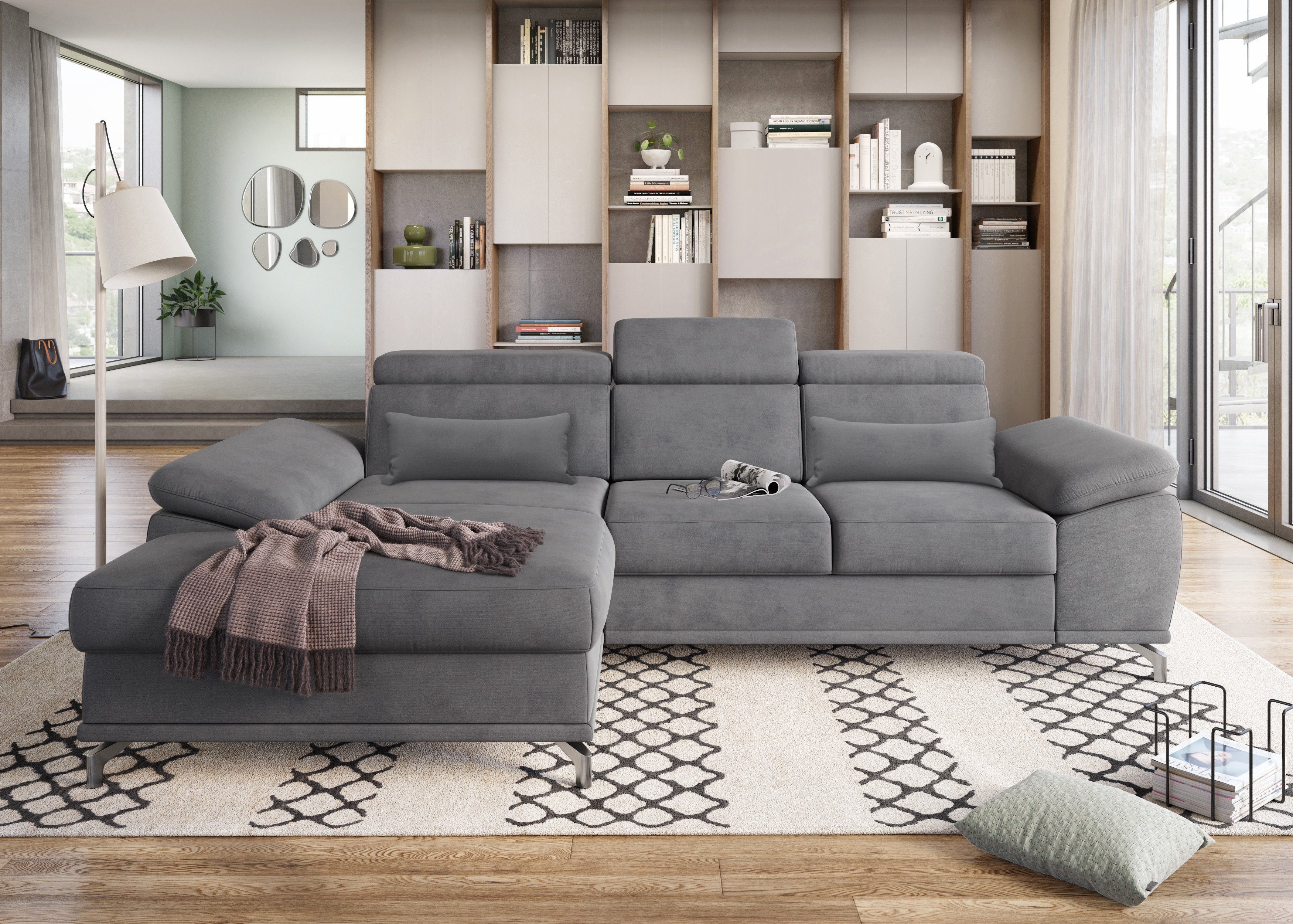 sit&more Ecksofa Cabrio L-Form, B: 295 cm, mit Sitztiefen-, Arm- & Kopfteilverstellung, 2 Nierenkissen, Federkern, mit Schlaffunktion und Stauraum