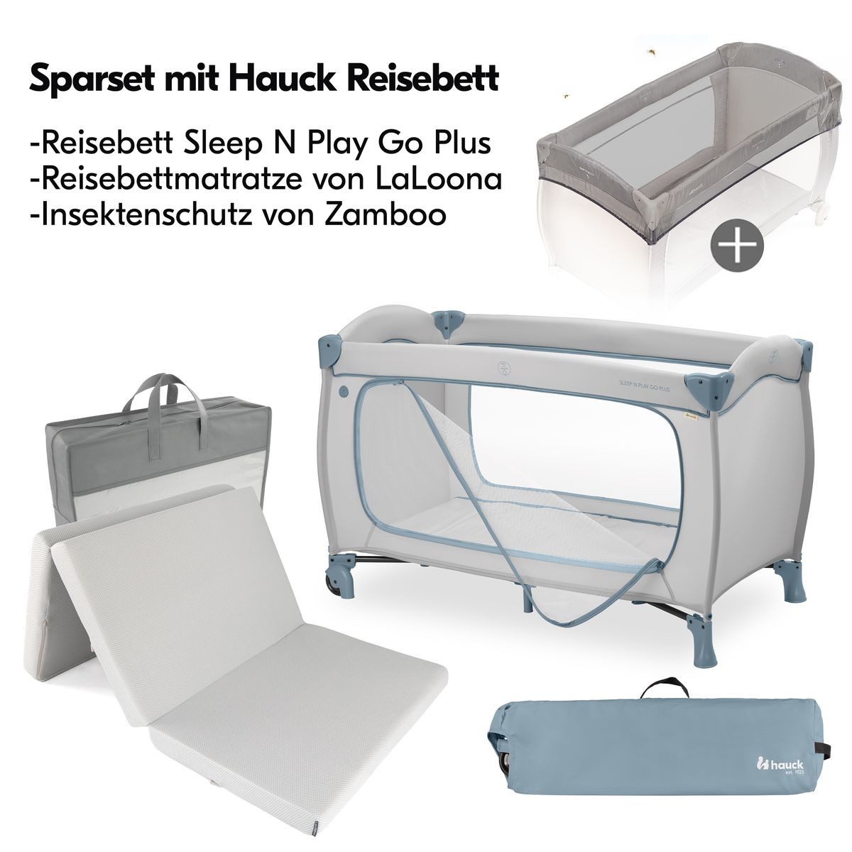 Hauck Baby-Reisebett Sleep N Play Go Plus Set - Dusty Blue, Baby Kinder Reisebett mit Eingang, Matratze, Insektenschutz & Rollen