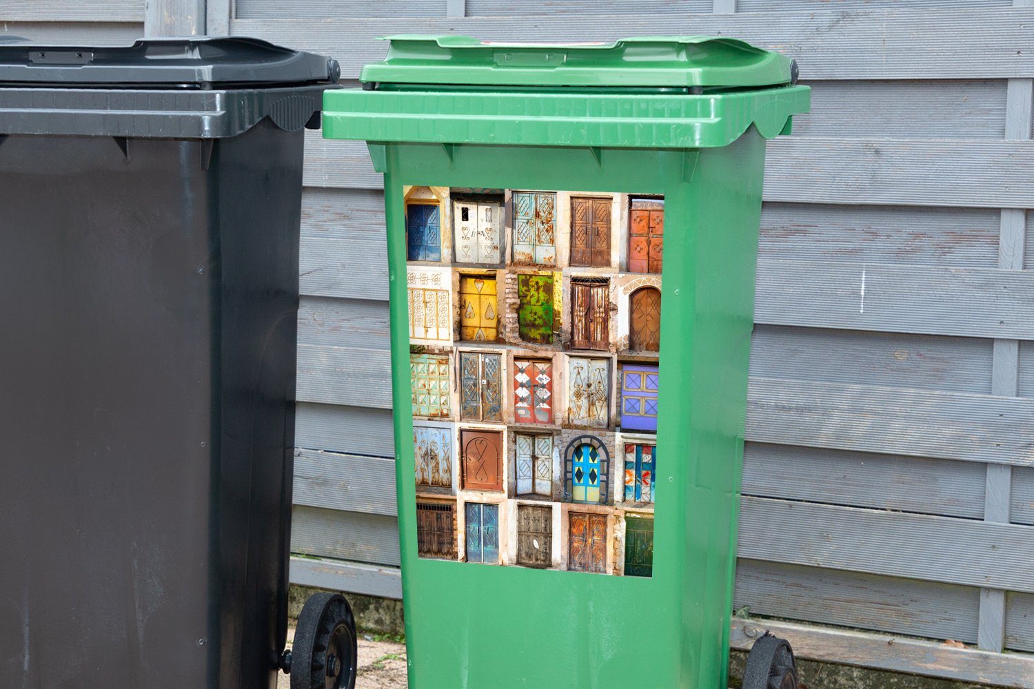 Collage Architektur Sticker, Mülleimer-aufkleber, Vintage - Container, Türen (1 Wandsticker St), - MuchoWow Mülltonne, - Abfalbehälter