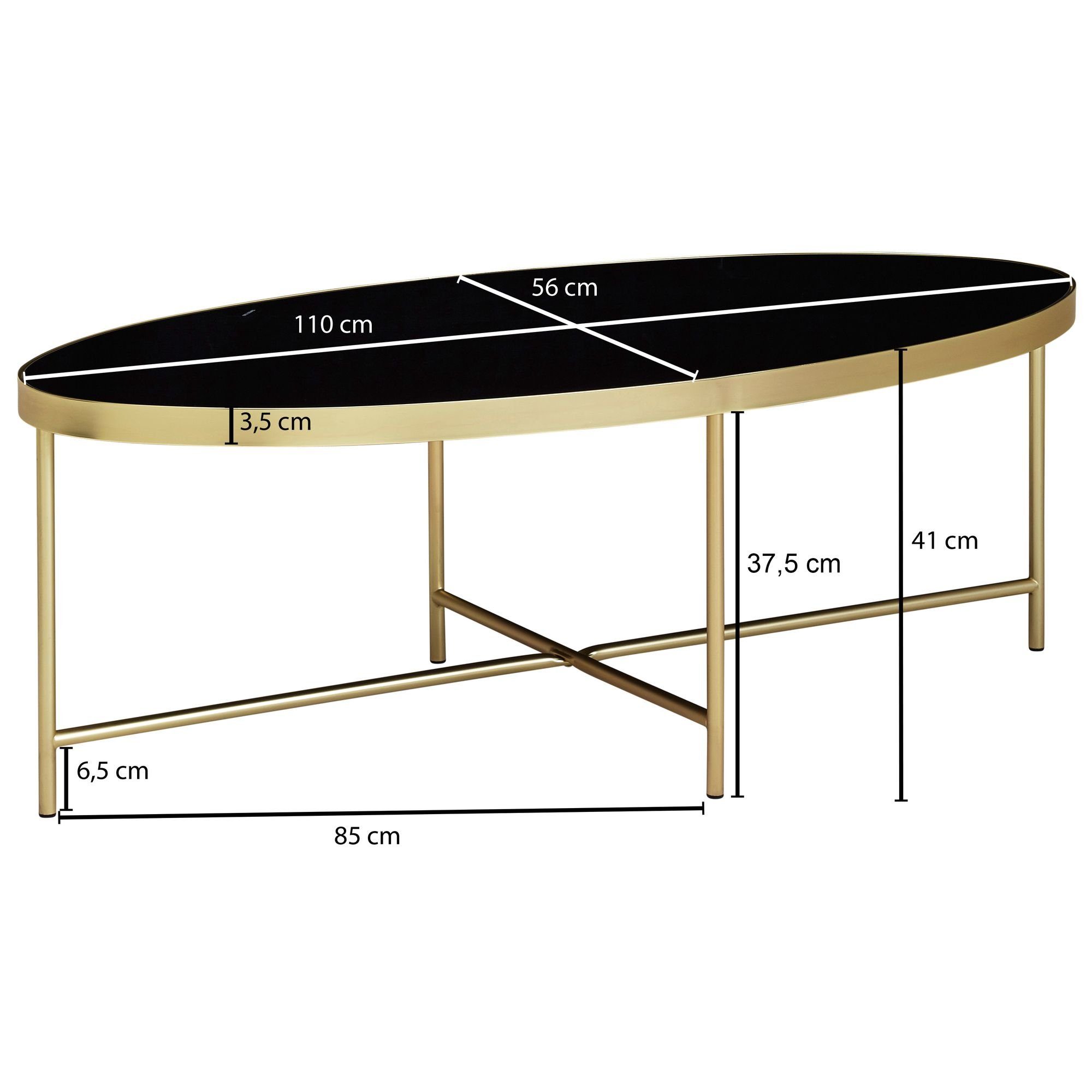 mit FINEBUY Couchtisch Oval x Metallgestell), Beistelltisch Modern - cm 110 (Schwarz 56 Wohnzimmertisch, FB53025 Gold Großer