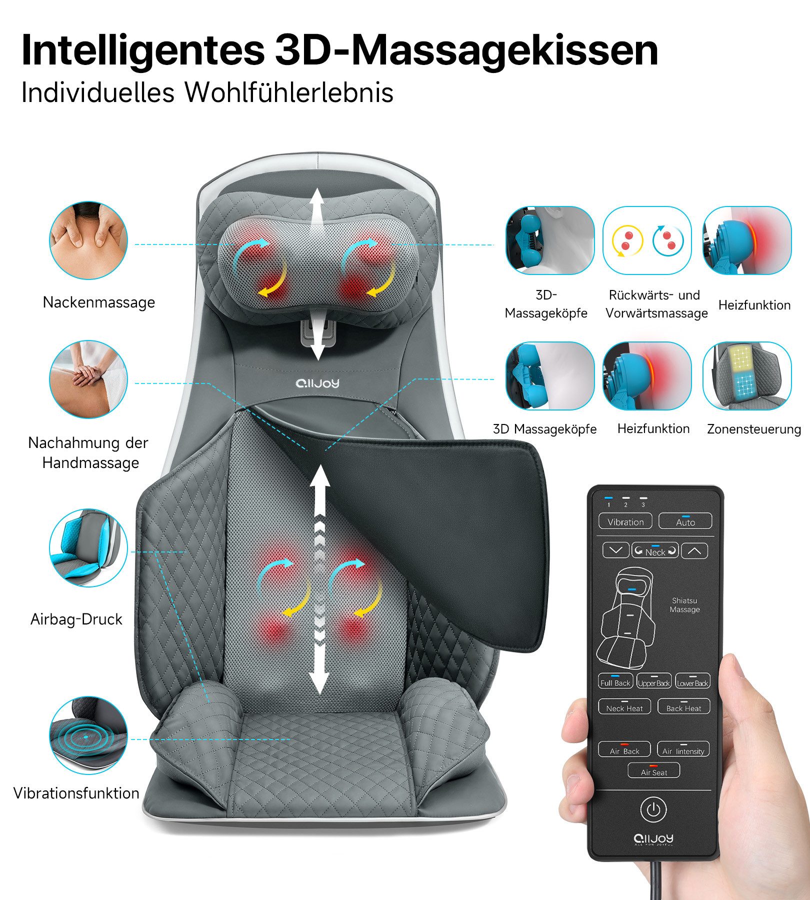 ALLJOY Massagesitzauflage Shiatsu‑Massagesitzauflage,Massage‑Sitzkissen,Rücken‑Massageauflage, Wärmefunktion, Abnehmbarer waschbarer Bezug,Intensitätsregulierun – Bild 2 von 5