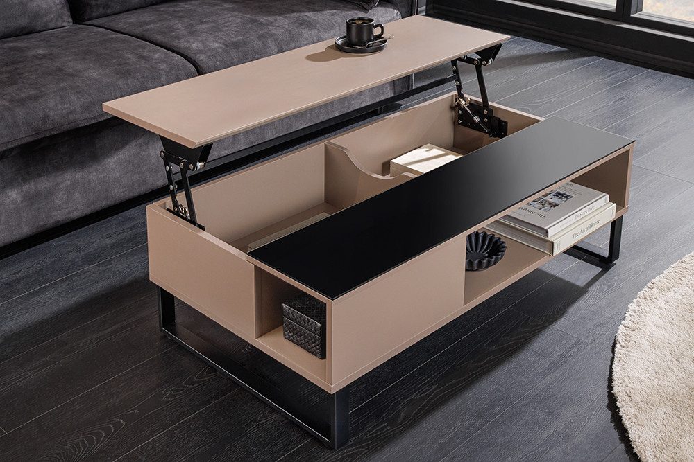 riess-ambiente Couchtisch APARTMENT 110cm taupe/schwarz- Eiche, Glas, Stauraum, höhenverstellbar (Einzelartikel, 1-St), verstellbarer Couchtisch mit Kufen-Metallgestell - ideal f. Wohnzimmer