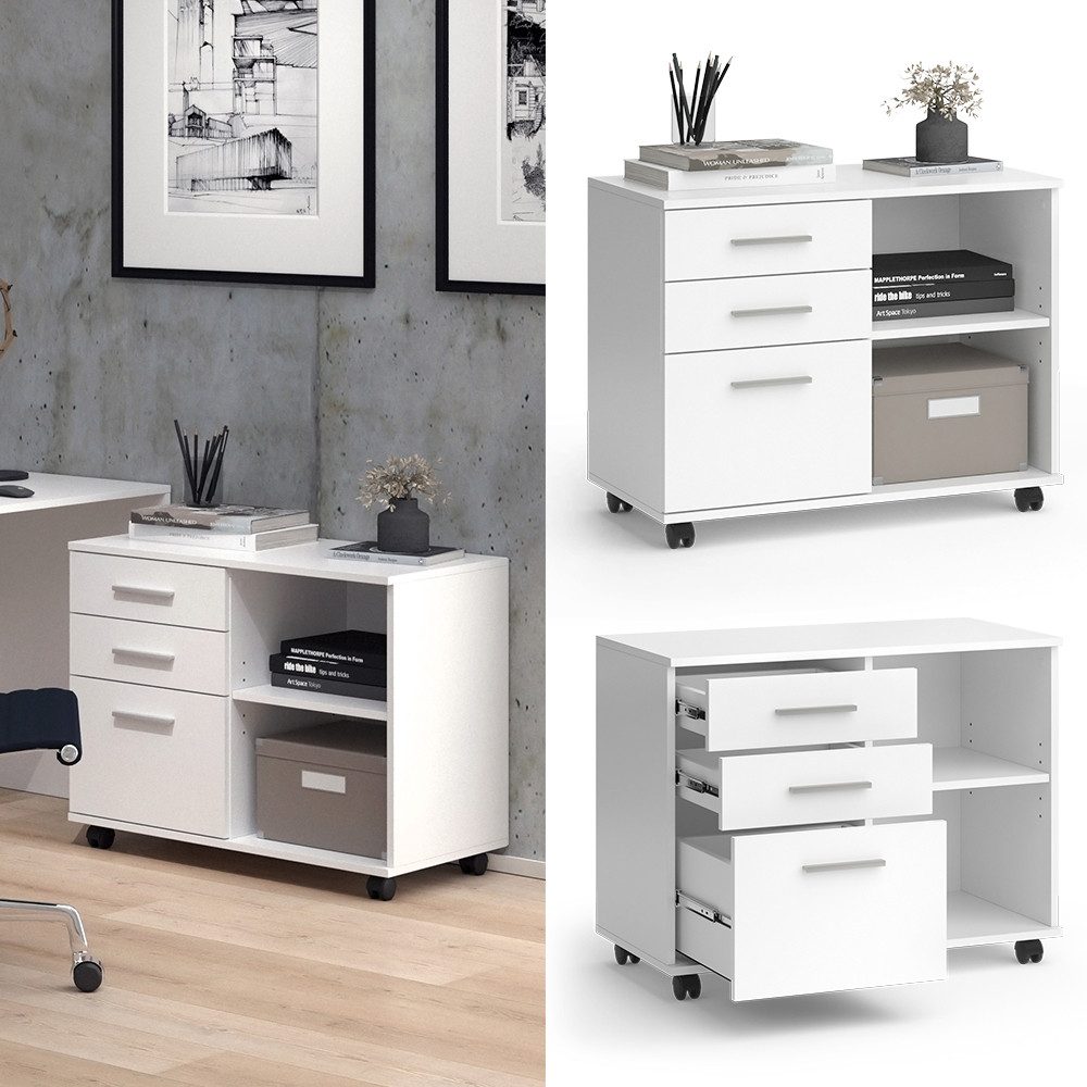 Vicco Rollcontainer Delf, Weiß, 80 x 40 cm mit 3 Schubladen günstig online kaufen